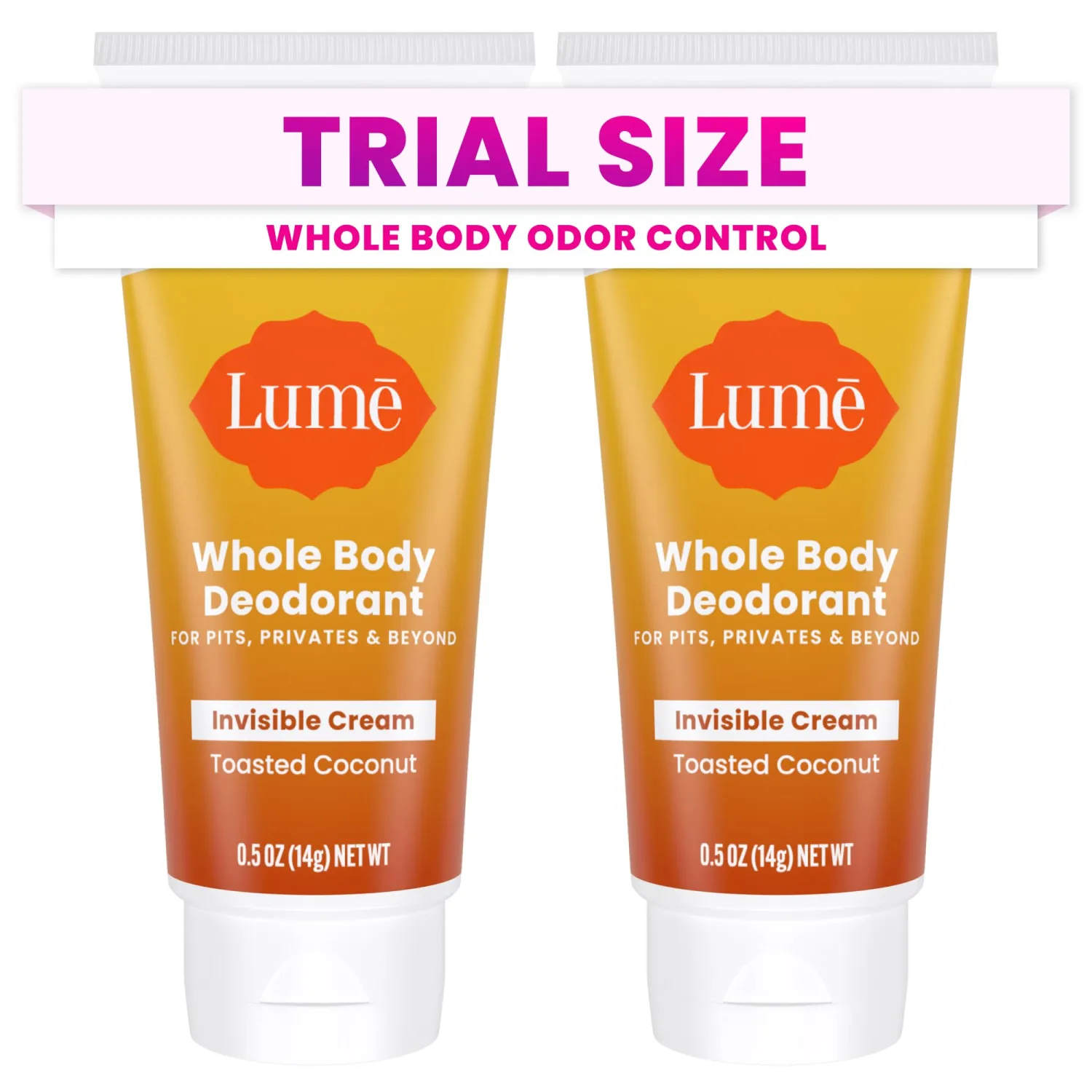 Lume Whole Body Deodorant - Mini Travel Size Invisible Cream Tube - Trial Size - 72 Hour Odor Control - Doctor Developed - Aluminum Free, Baking Soda Free - .5oz (Pack of 2) (Toasted Coconut)