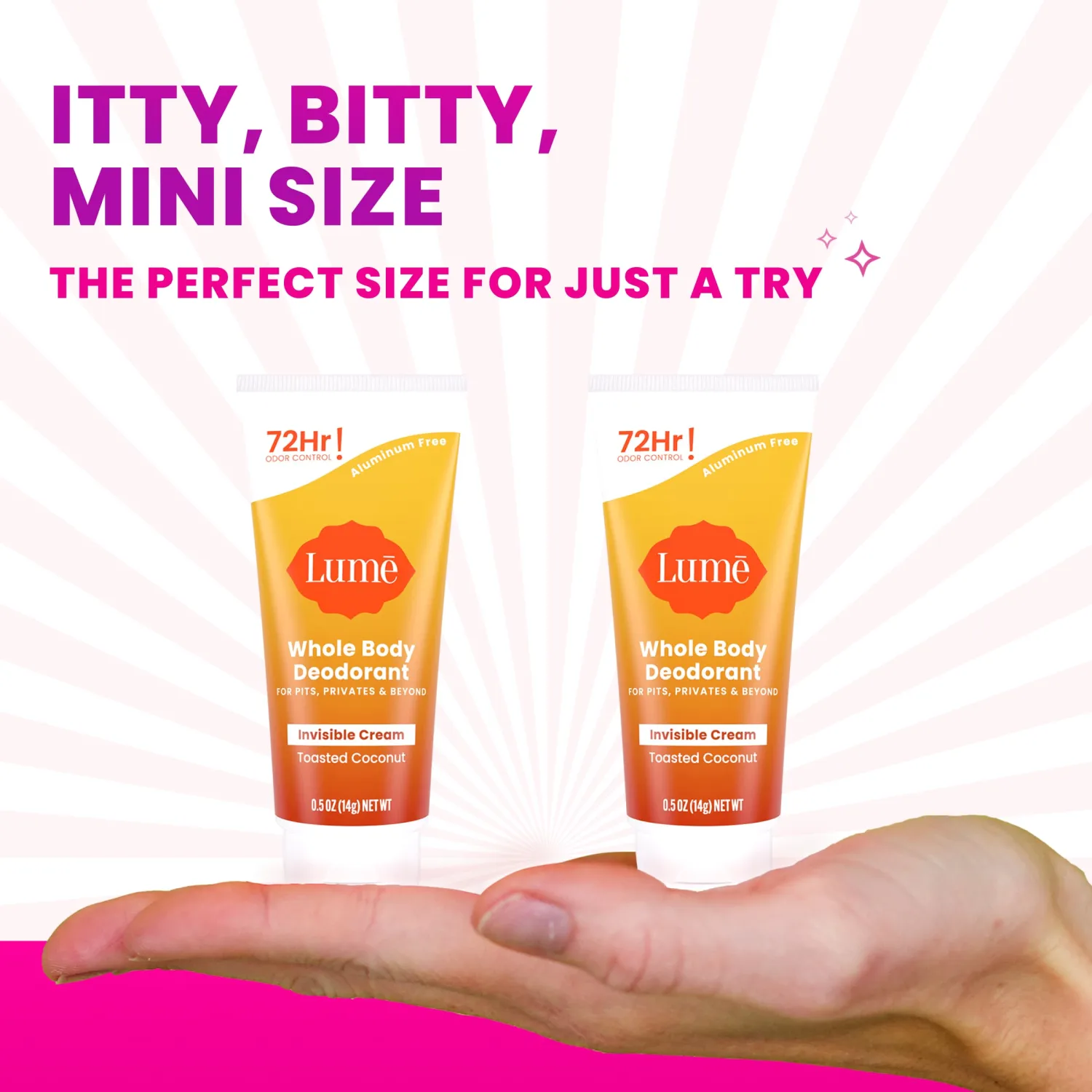 Lume Whole Body Deodorant - Mini Travel Size Invisible Cream Tube - Trial Size - 72 Hour Odor Control - Doctor Developed - Aluminum Free, Baking Soda Free - .5oz (Pack of 2) (Toasted Coconut)