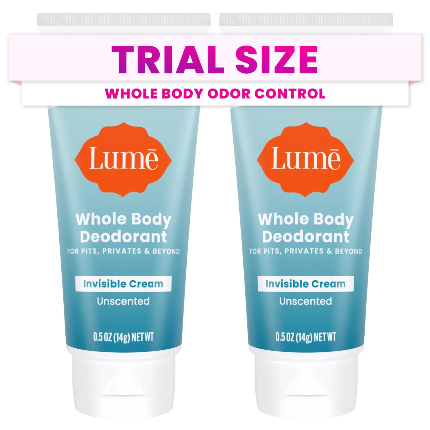 Lume Whole Body Deodorant - Mini Travel Size Invisible Cream Tube - Trial Size - 72 Hour Odor Control - Doctor Developed - Aluminum Free, Baking Soda Free - .5oz (Pack of 2) (Unscented)