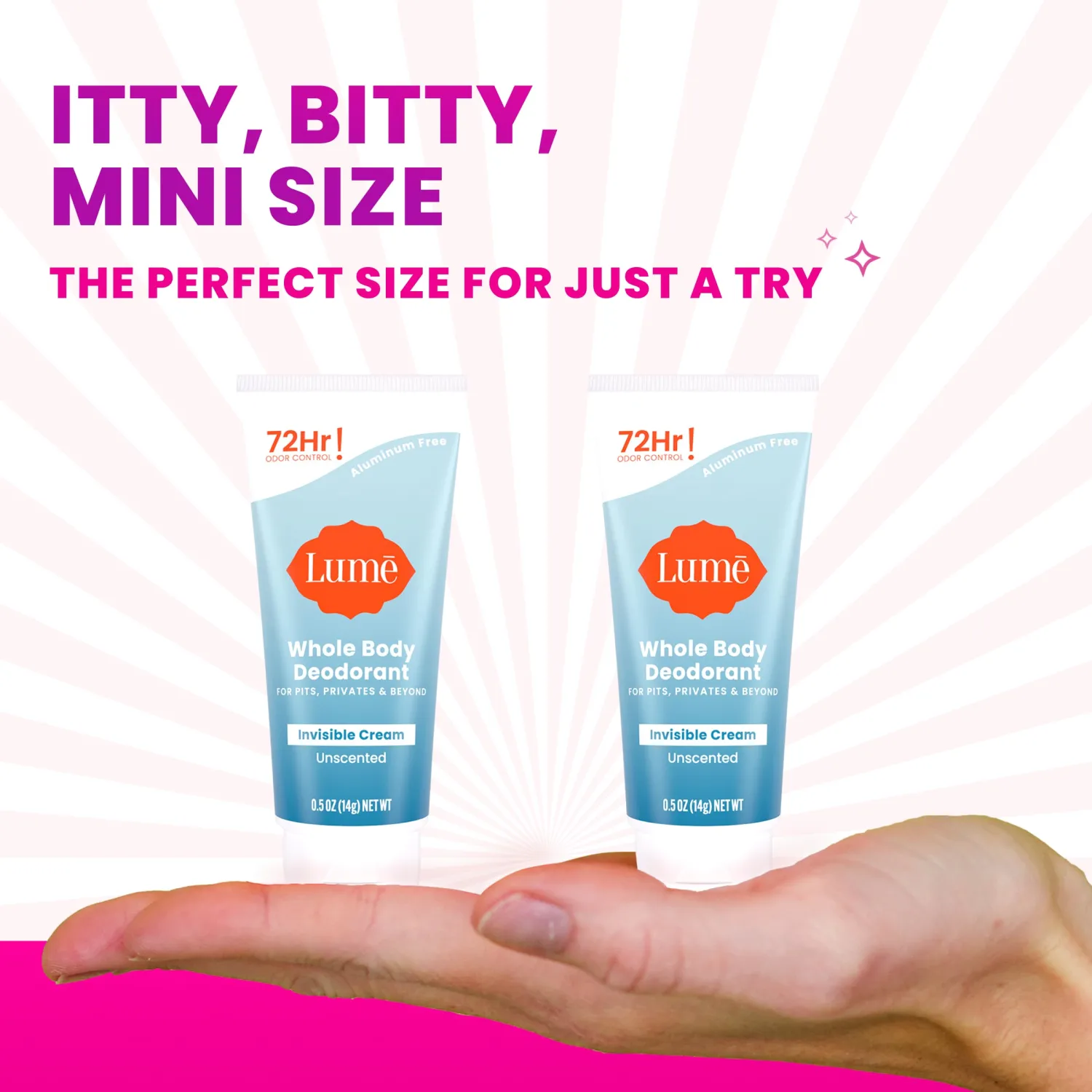 Lume Whole Body Deodorant - Mini Travel Size Invisible Cream Tube - Trial Size - 72 Hour Odor Control - Doctor Developed - Aluminum Free, Baking Soda Free - .5oz (Pack of 2) (Unscented)