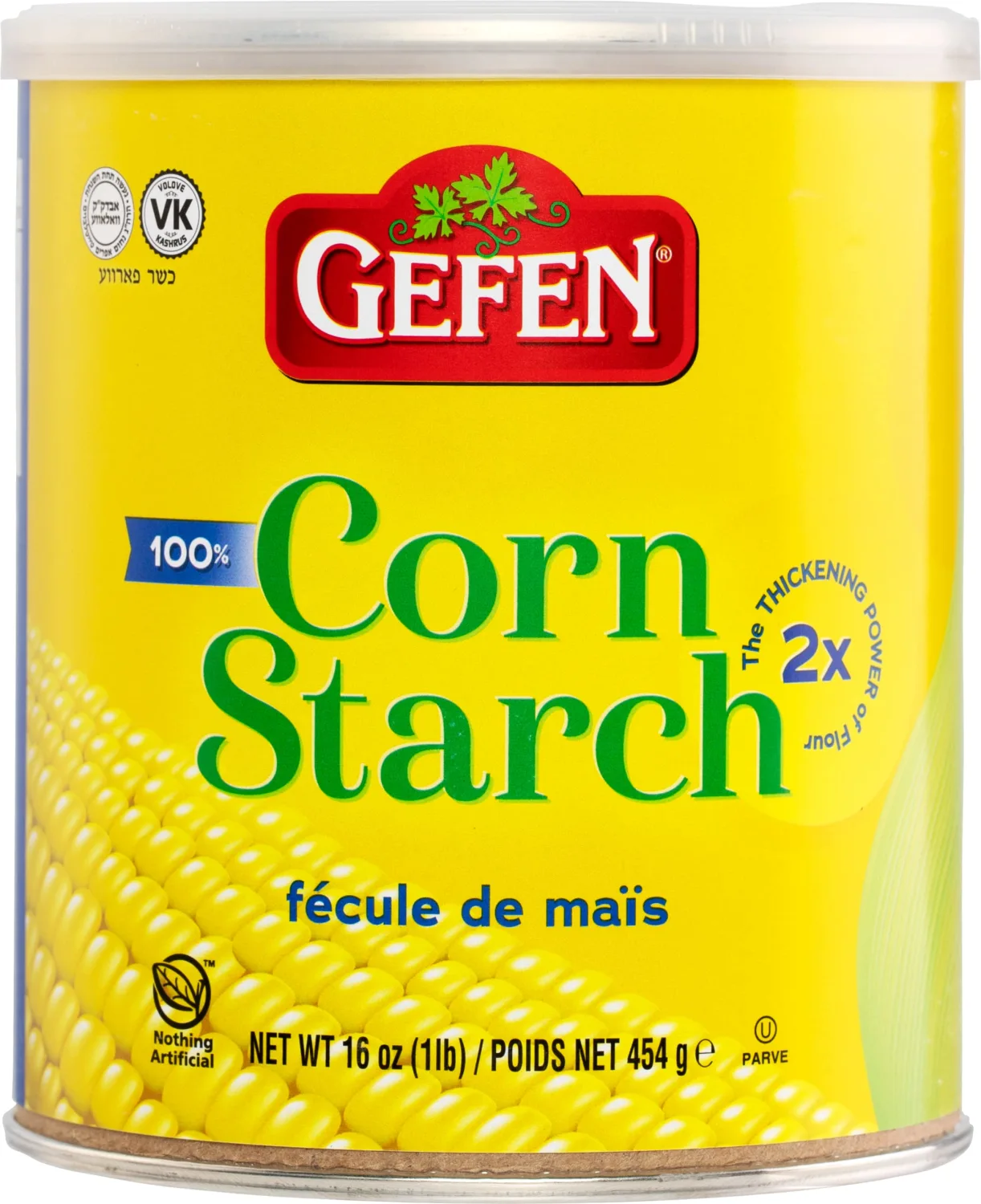 Gefen Corn Starch, 100% Pure, 16oz Canister with Resealable Lid, Kosher, Great Flour Alternative, Twice the Thickening Power of Flour