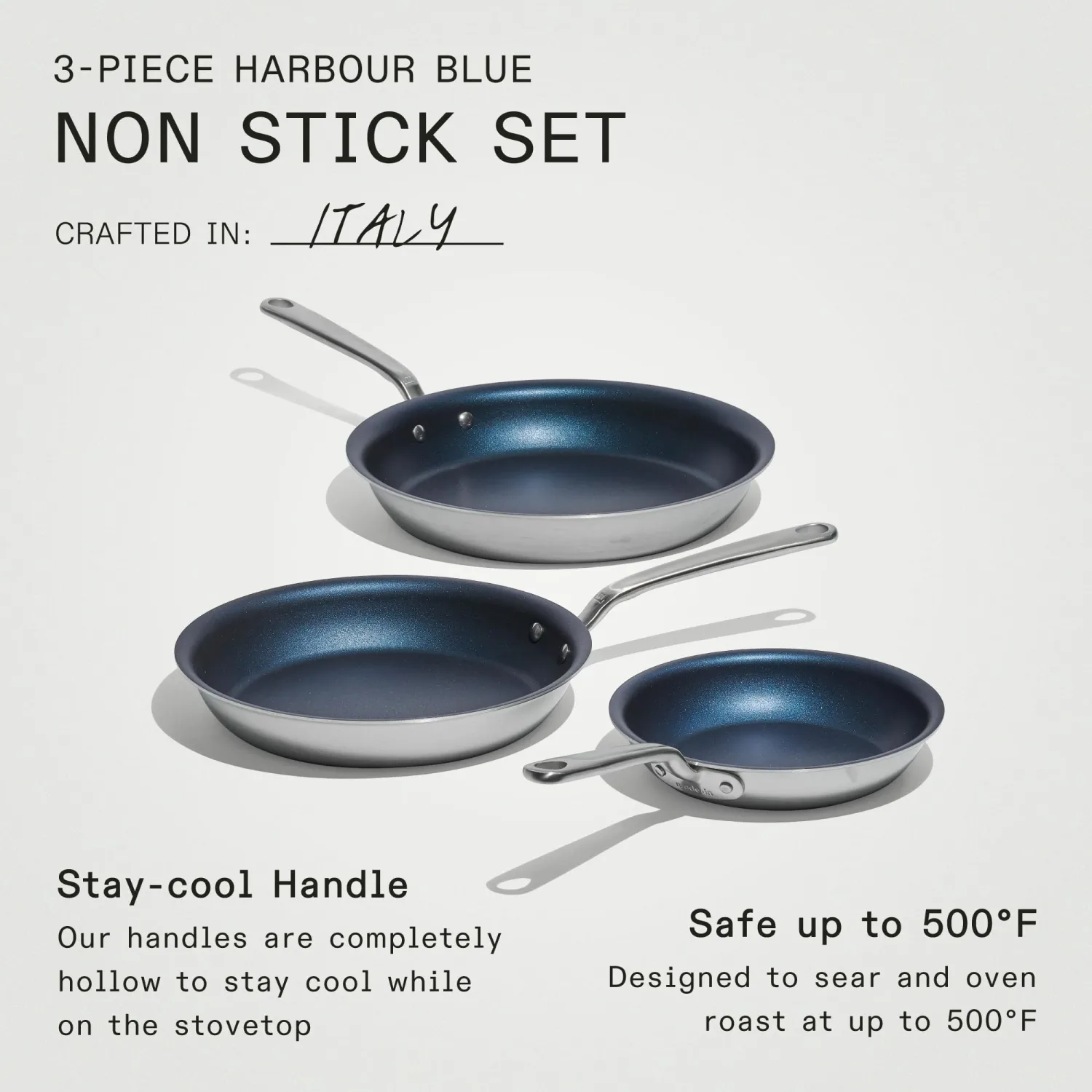Made In Cookware - ProCoat Non Stick 3 Piece Frying Pan Set (Includes 8",10",12") - 5 Ply Stainless Clad - Professional Cookware - Crafted in Italy - Induction Compatible (Harbour Blue)