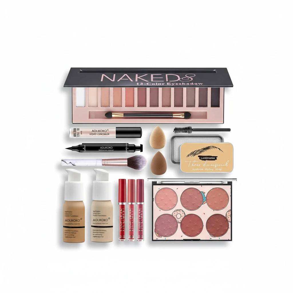 12-Color Pro Makeup Kit for Women - Eyeshadow, Foundation, Lipstick, Blush, Brushes, Eyeliner Stamp