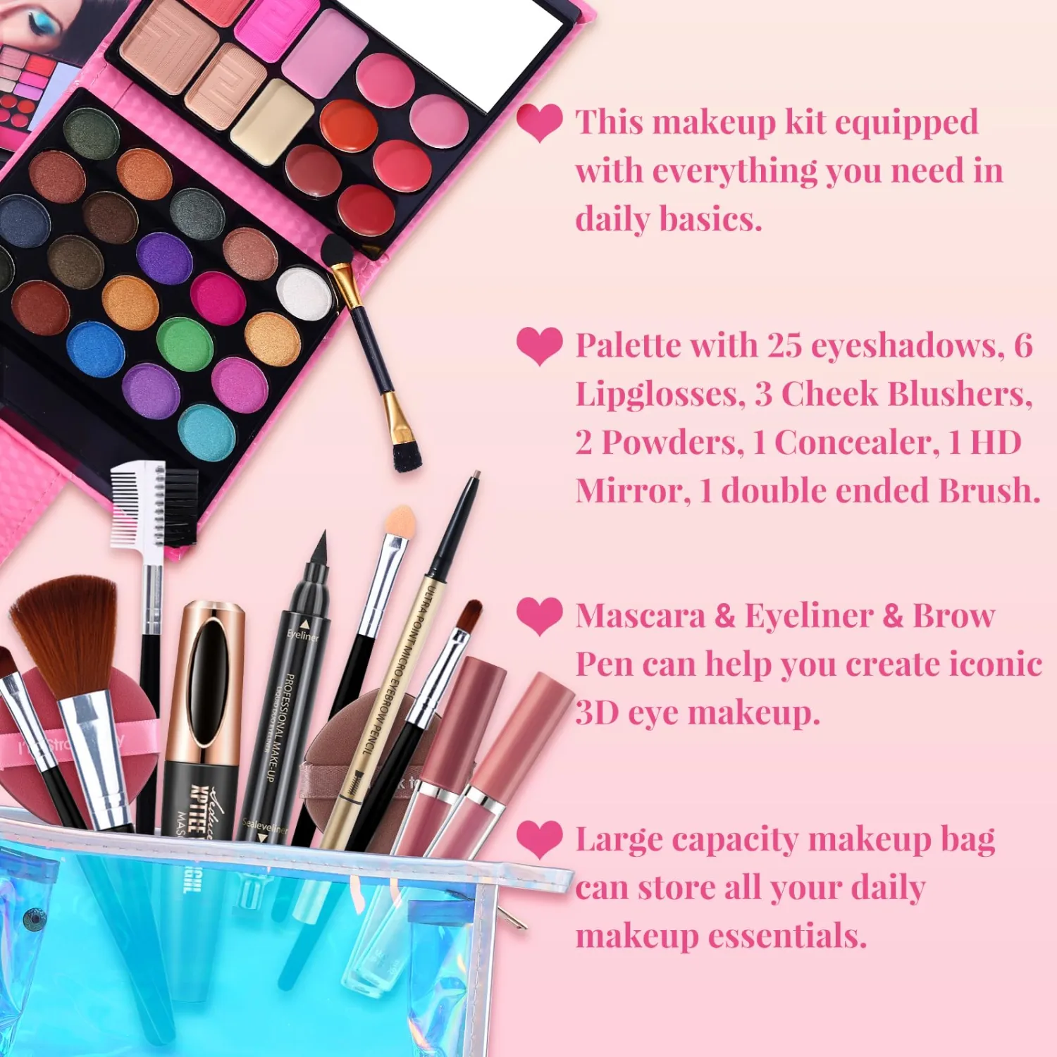 Makeup Set for Women Full Kit - 32 Colors Makeup Palette,5pcs Brushes Set, Mascara & Stamp Liquid Eyeliner, Eyebrow Pen, 2pcs Matte Liquid Lipsticks, 2 Powder Puff, 1 Cosmetic Bag Makeup Gift Set