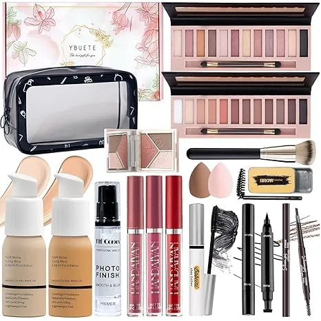 Makeup Set Kit for Women Full Kit, Makeup Gift for Makeup Beginner, Eyeshadow Foundation Face Primer Brush 3 in 1 Palette Lip Gloss, Eyebrow Soap Mascara Eyeliner cosmetic bag