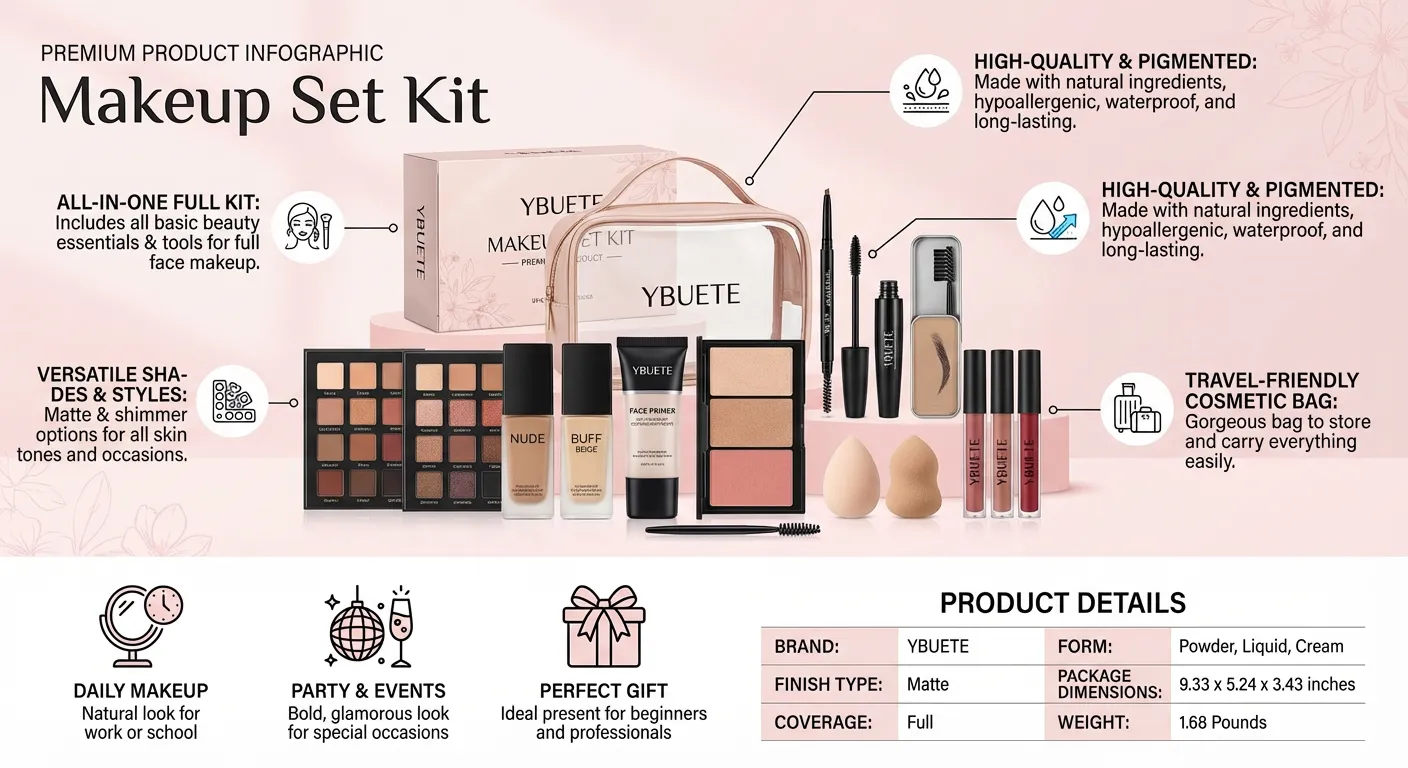 Makeup Set Kit for Women Full Kit, Makeup Gift for Makeup Beginner, Eyeshadow Foundation Face Primer Brush 3 in 1 Palette Lip Gloss, Eyebrow Soap Mascara Eyeliner cosmetic bag