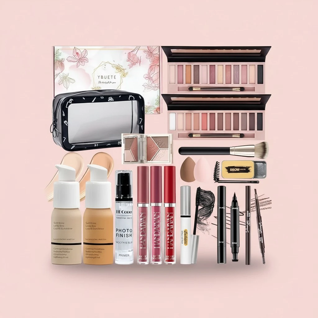 Makeup Set Kit for Women Full Kit, Makeup Gift for Makeup Beginner, Eyeshadow Foundation Face Primer Brush 3 in 1 Palette Lip Gloss, Eyebrow Soap Mascara Eyeliner cosmetic bag