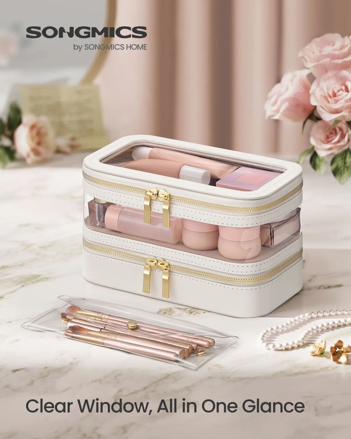 SONGMICS Makeup Bag with Mirror, with Jewelry Storage, Travel Makeup Bag, with Separate Brush Storage Pouch, Transparent Window, 8.7 x 4.7 x 4.7 Inches, Gift Idea, Cloud White UJKA026W01