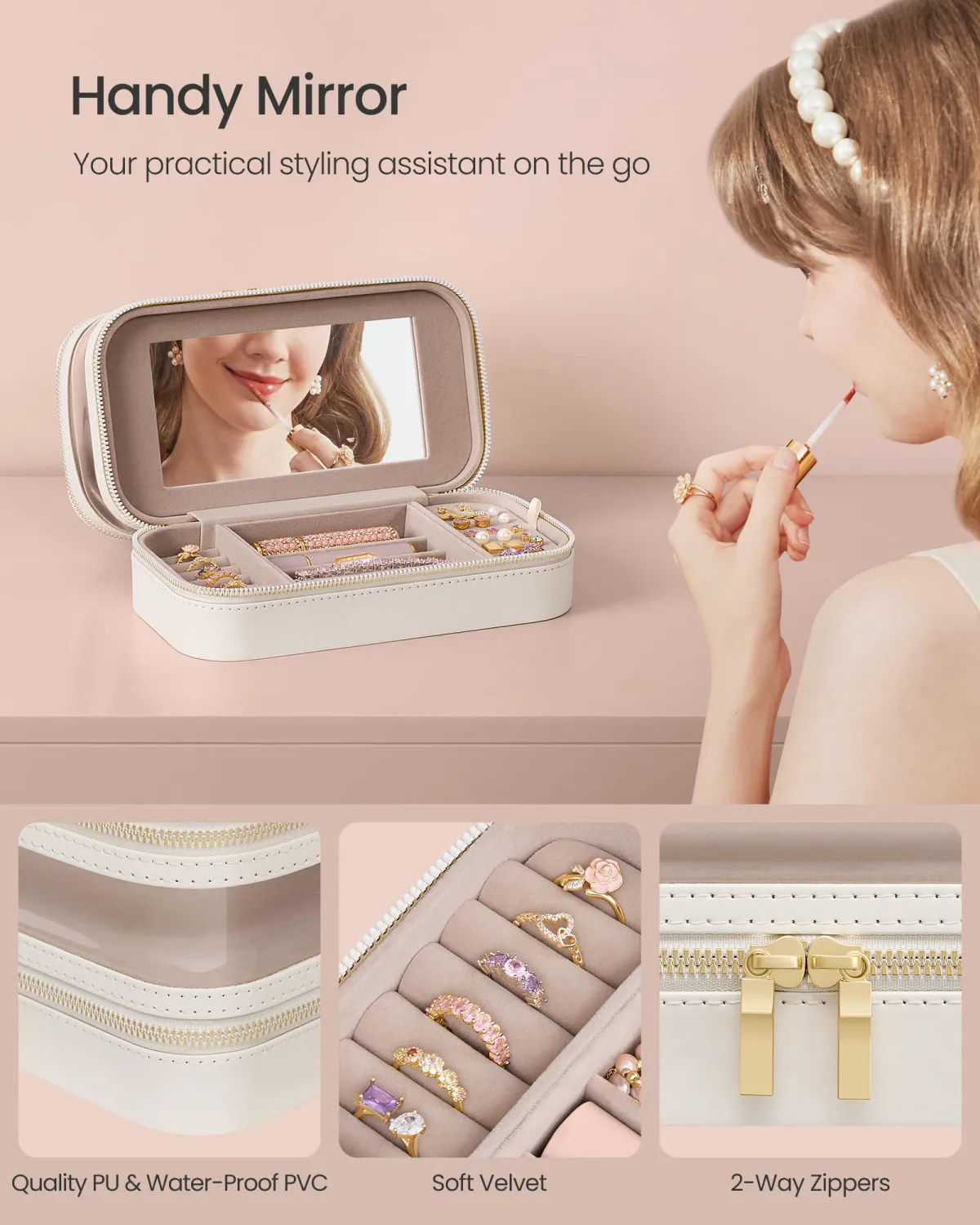 SONGMICS Makeup Bag with Mirror, with Jewelry Storage, Travel Makeup Bag, with Separate Brush Storage Pouch, Transparent Window, 8.7 x 4.7 x 4.7 Inches, Gift Idea, Cloud White UJKA026W01