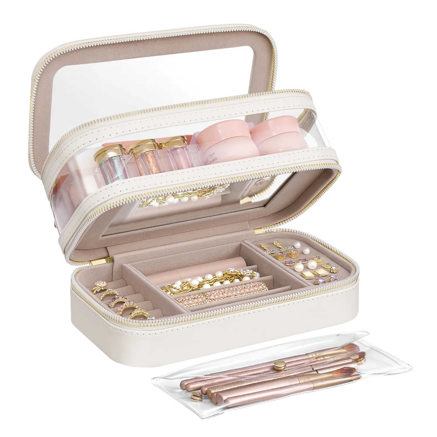 SONGMICS Makeup Bag with Mirror, with Jewelry Storage, Travel Makeup Bag, with Separate Brush Storage Pouch, Transparent Window, 8.7 x 4.7 x 4.7 Inches, Gift Idea, Cloud White UJKA026W01