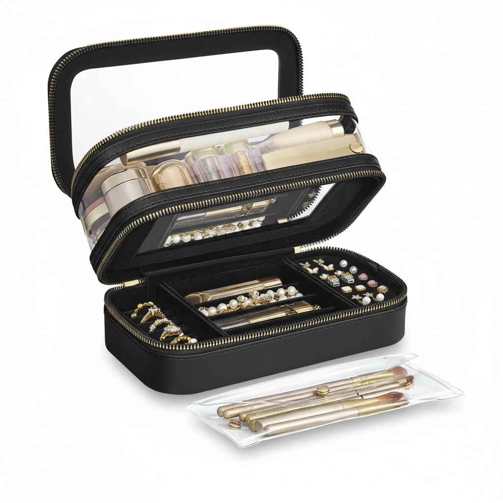 SONGMICS Makeup Bag with Mirror, with Jewelry Storage, Travel Makeup Bag, with Separate Brush Storage Pouch, Transparent Window, 8.7 x 4.7 x 4.7 Inches, Gift Idea, Ink Black UJKA026B01