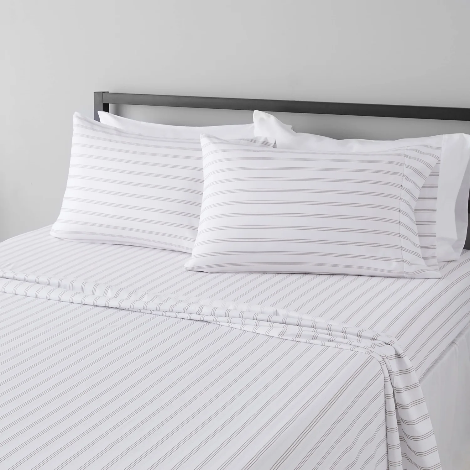 Amazon Basics Lightweight Super Soft Easy Care Microfiber 4 Piece Bed Sheet Set with 14-Inch Deep Pockets, Queen, Taupe Stripe, Striped