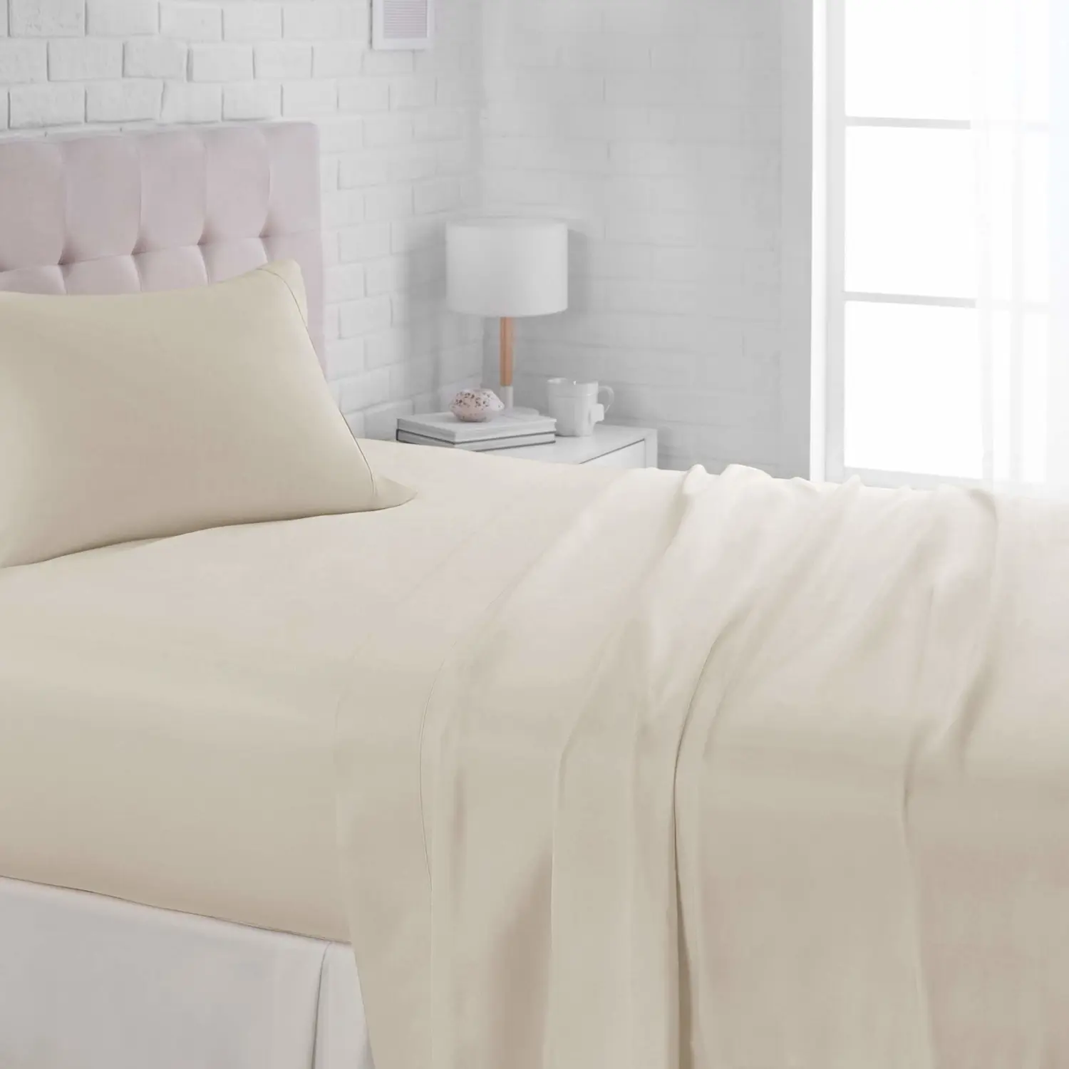 Amazon Basics Lightweight Super Soft Easy Care Wrinkle Free Breathable Microfiber 3 Piece Bed Sheet Set with 14-Inch Deep Pockets, Twin, Beige, Solid