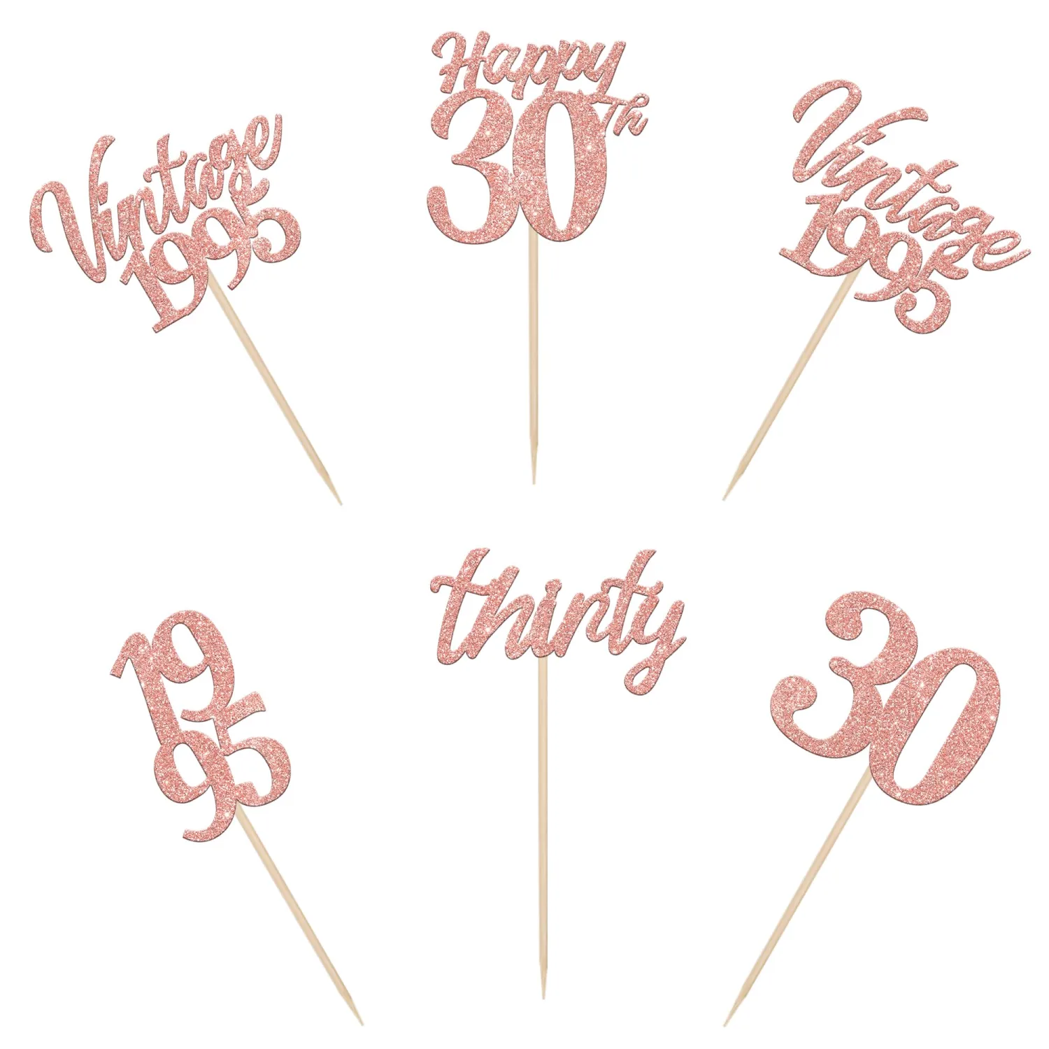 30PCS Happy 30th Birthday Cupcake Toppers Cheers to 30 Vintage 1995 Cupcake Picks Hello 30 Thirty 30th Birthday Decorations for 30th Wedding Anniversary Birthday Party Cake Decorations Rose Gold