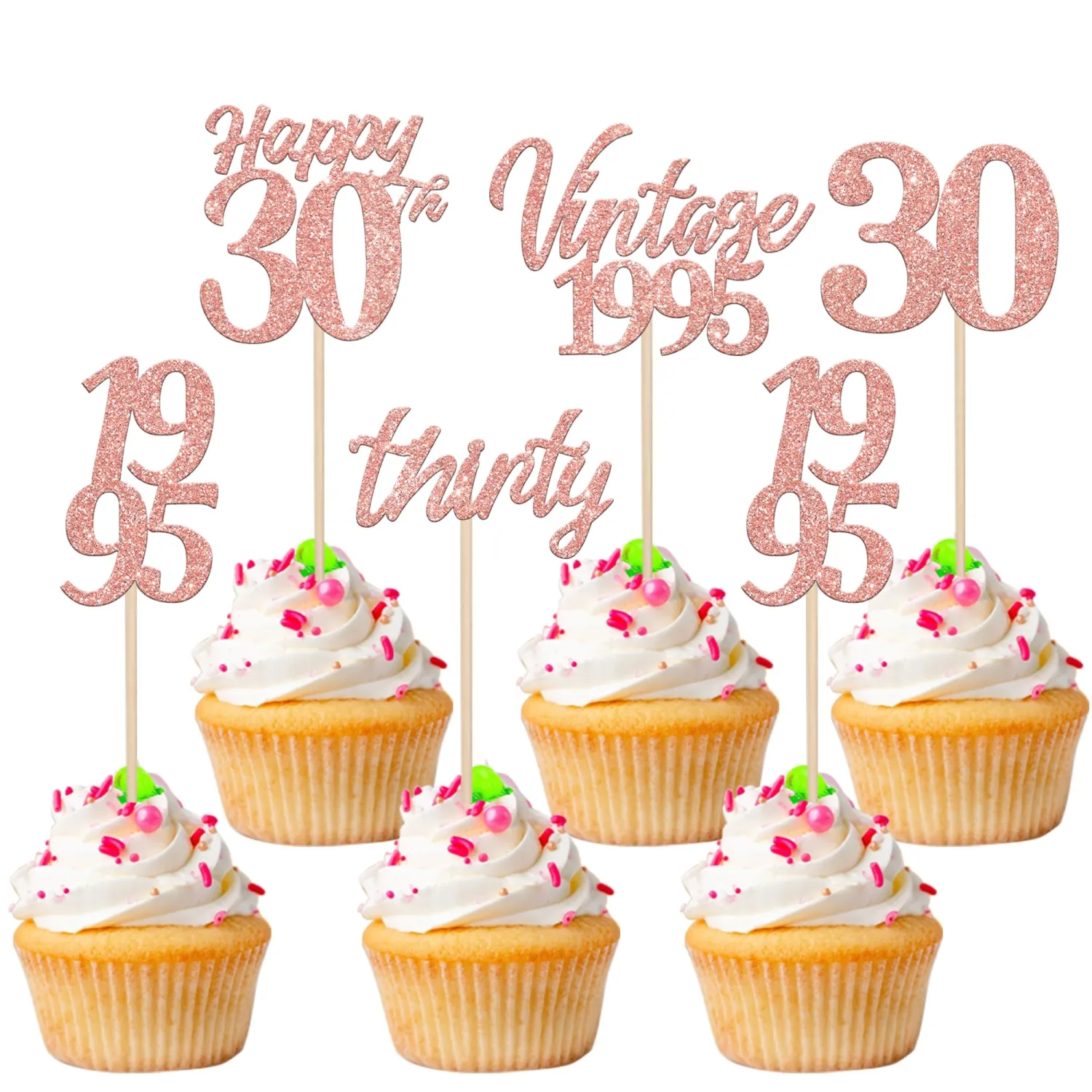 30PCS Happy 30th Birthday Cupcake Toppers Cheers to 30 Vintage 1995 Cupcake Picks Hello 30 Thirty 30th Birthday Decorations for 30th Wedding Anniversary Birthday Party Cake Decorations Rose Gold