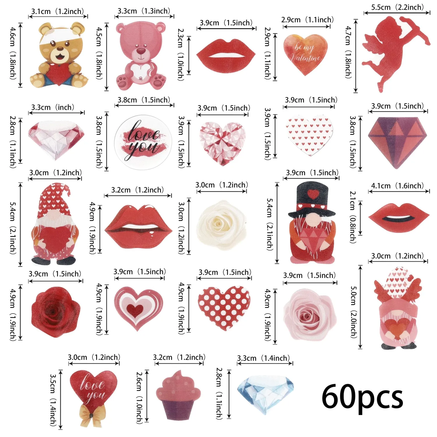 60 Pack Edible Valentines Day Cupcake Toppers Sweet Love Diamond Cupcake Picks Love You Valentine's Day Cake Decorations for Happy Valentine's Day Theme Party Supplies
