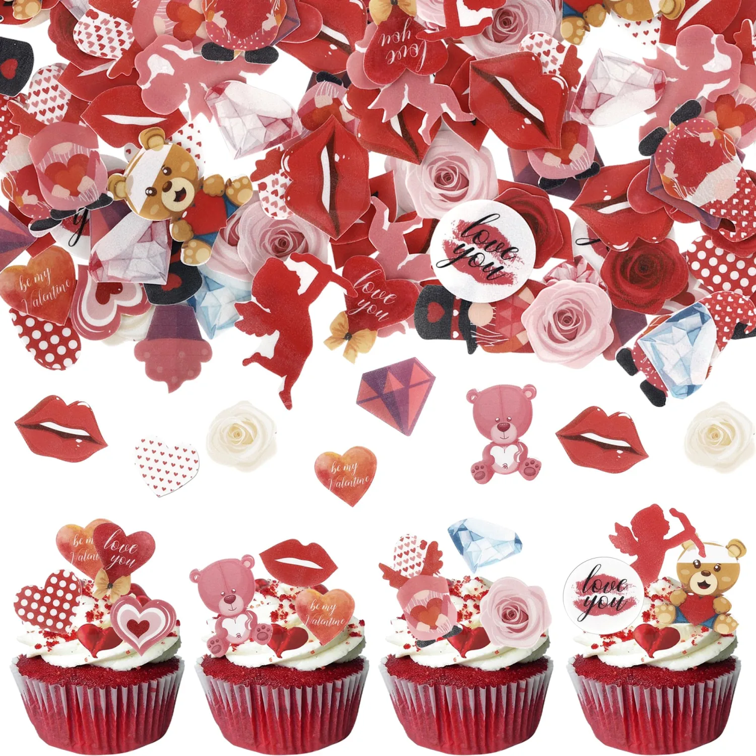 60 Pack Edible Valentines Day Cupcake Toppers Sweet Love Diamond Cupcake Picks Love You Valentine's Day Cake Decorations for Happy Valentine's Day Theme Party Supplies