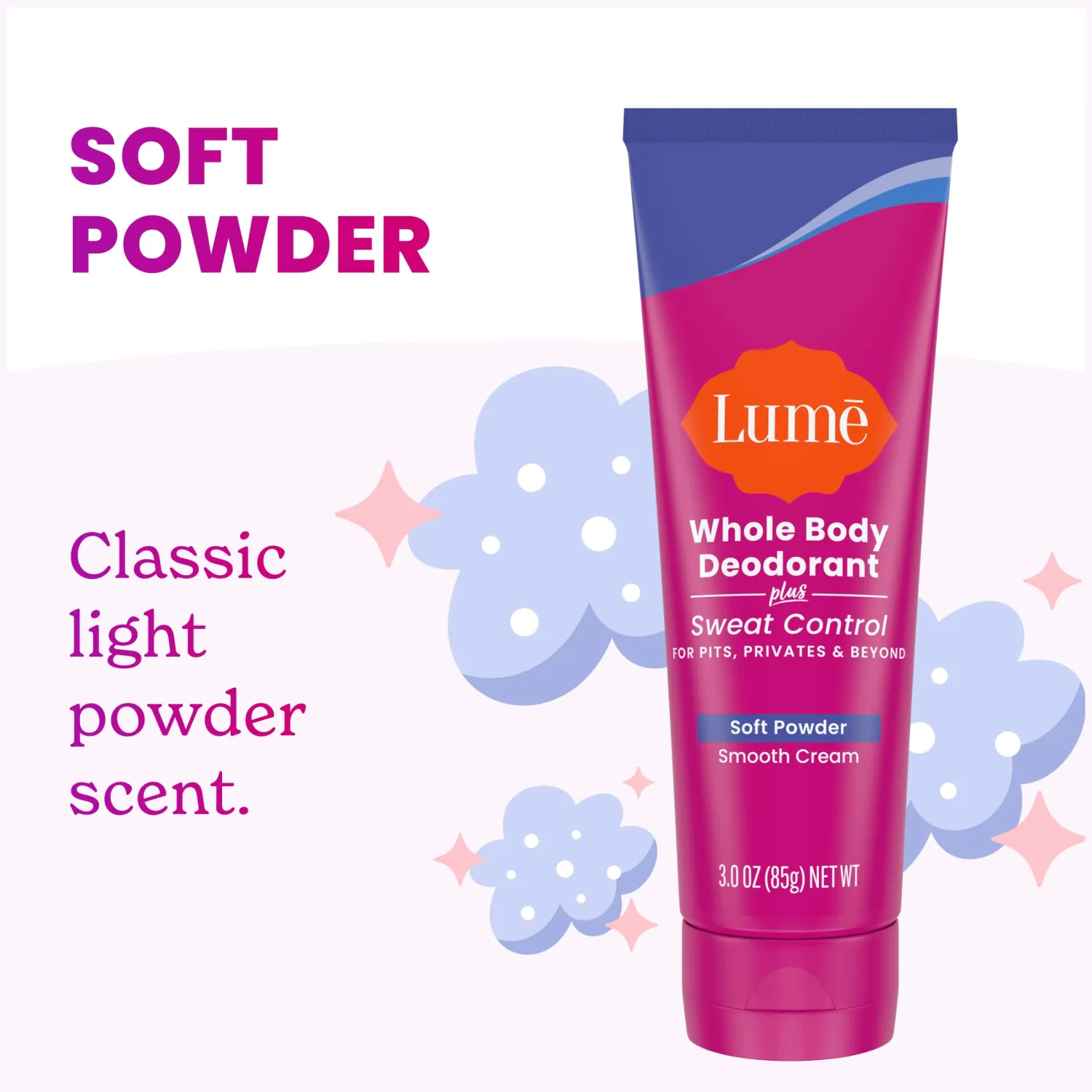 Lume Whole Body Deodorant Plus Sweat Control - Smooth Cream Tube - 72 Hour Odor And Sweat Control - Baking Soda Free, Skin Loving - 3.0 ounce (Pack of 2) (Soft Powder)