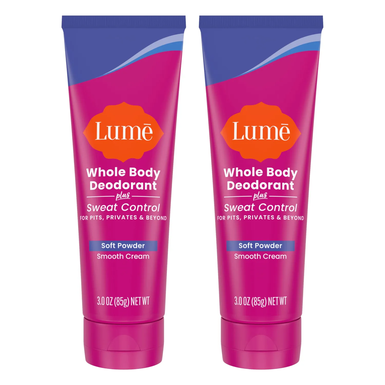 Lume Whole Body Deodorant Plus Sweat Control - Smooth Cream Tube - 72 Hour Odor And Sweat Control - Baking Soda Free, Skin Loving - 3.0 ounce (Pack of 2) (Soft Powder)