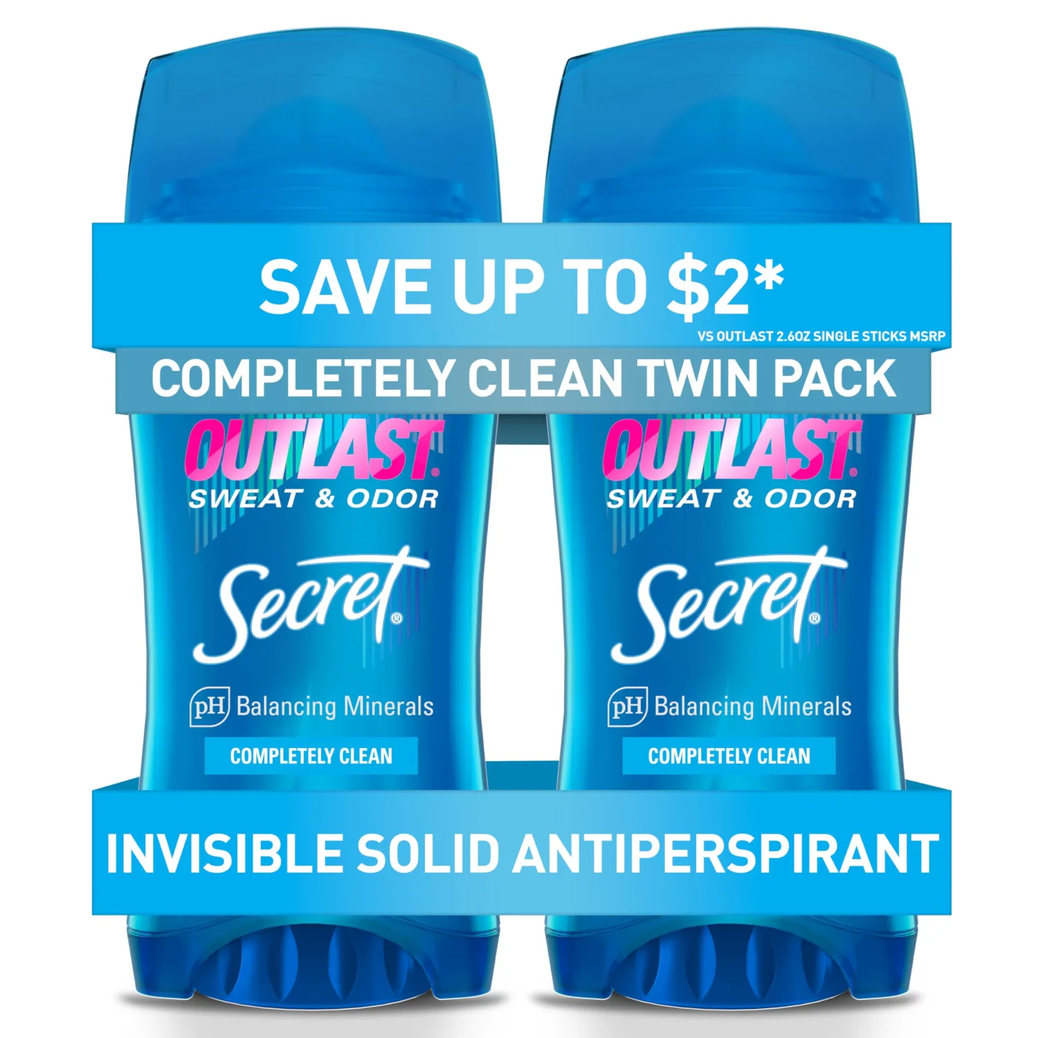 Secret Outlast Antiperspirant Deodorant for Women, 72hr Sweat & Odor Protection, PH Balancing Minerals, Invisible Solid, Completely Clean Scent, 2.6 oz (Pack of 2)