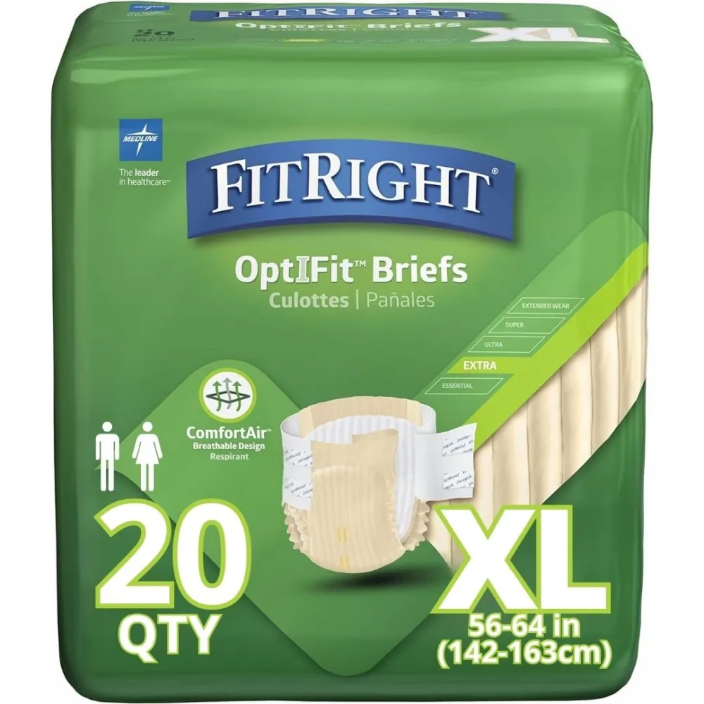 OptiFit Extra Adult Briefs with Tabs, Unisex, X-Large (56-64 Inches), Moderate Absorbency, Comfortable and Protective, Ideal for Medical Patients, Hospitals, Nursing Homes, Pack of 20