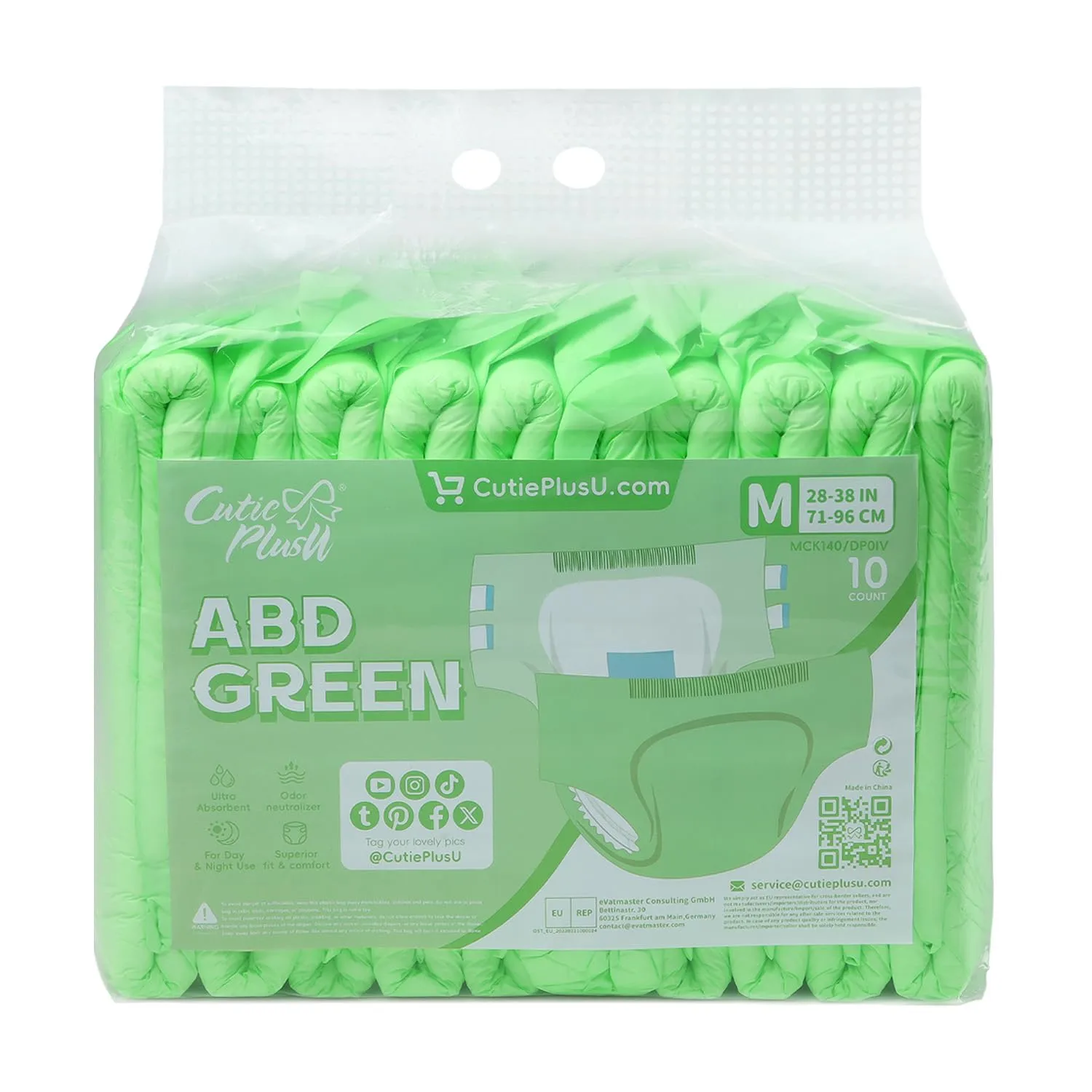 CutiePlusU Disposable Adult Diaper Heavy Absorption Dry Surface Adult Diapers All Night- Green 10 Pieces (Medium 28"-38")