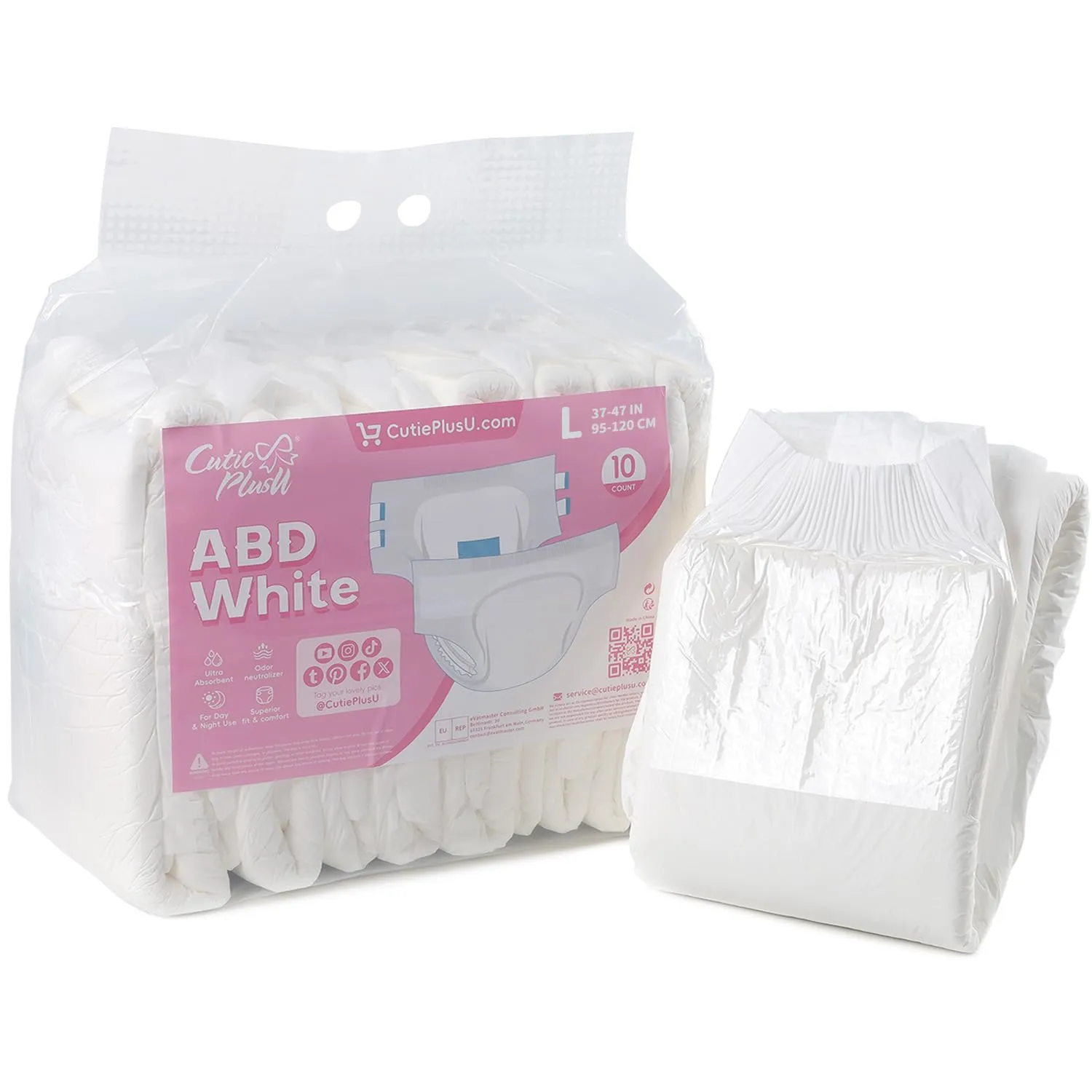 CutiePlusU Disposable Adult Diaper Heavy Absorption Dry Surface Adult Diapers All Night- White 10 Pieces (Large 37"-47")