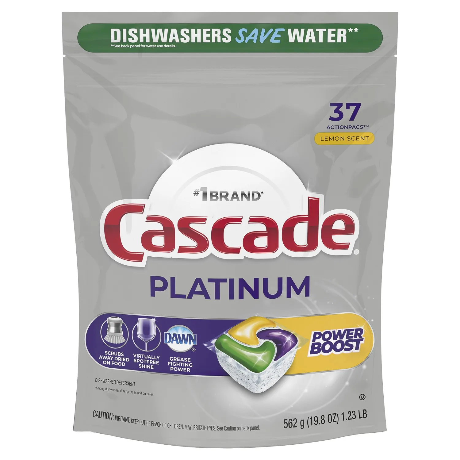 Cascade Platinum Power Boost Dishwasher Pods, Dishwasher Detergent, Dishwasher Soap, Dish Tabs, Dishwashing Tablets, Dish Detergent, Lemon, Actionpacs, 37 Count