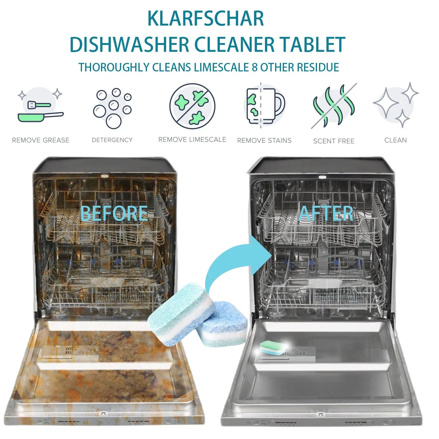 Dishwasher Cleaner and Deodorizer Tablets. 18 Dishwasher Cleaner Tablets Helps Remove Limescale and Odor,For All Machines Including Heavy Duty And Septic.