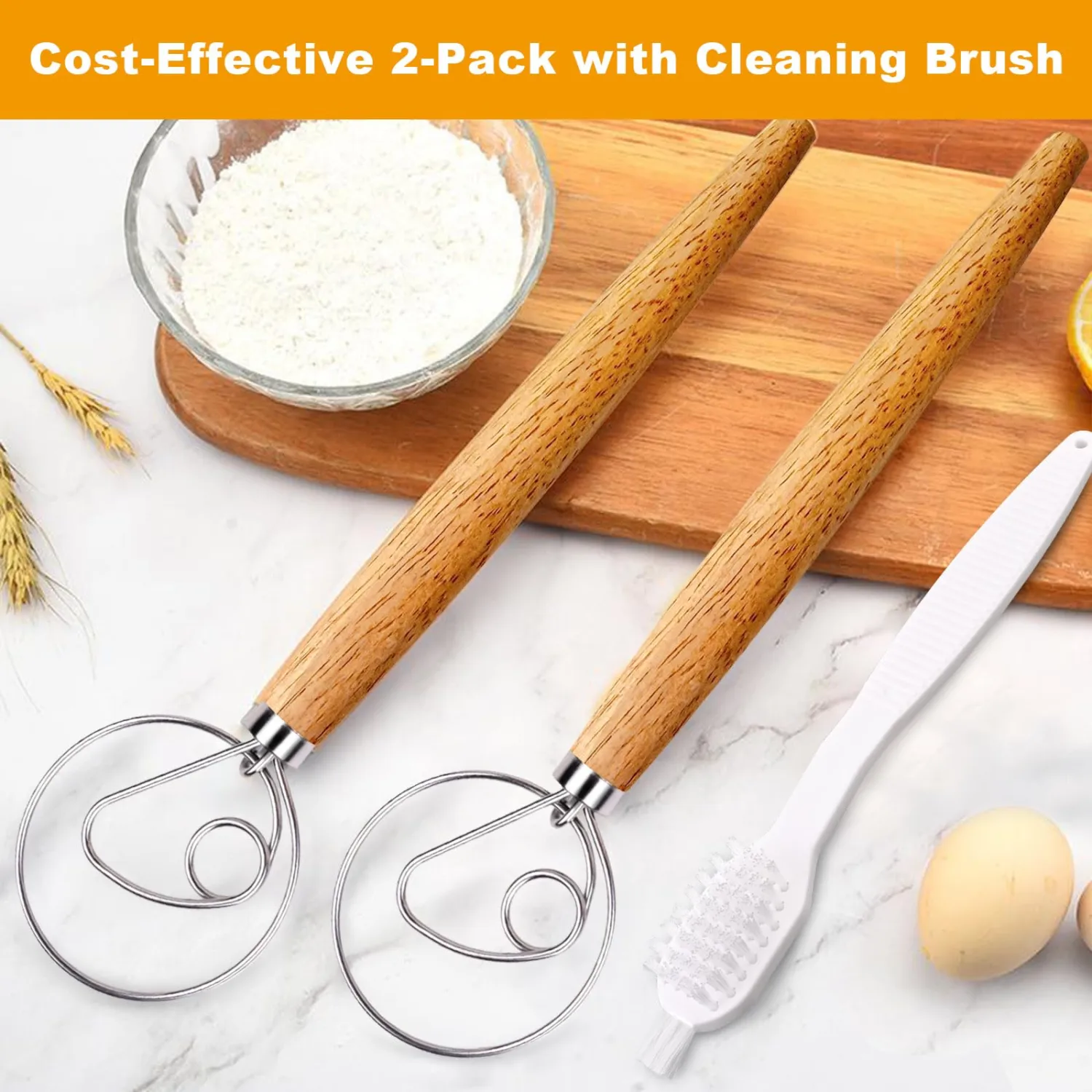 2-Pack Danish Dough Whisk, 13-Inch Dutch Whisk with Stainless Steel Ring, Dutch Bread Whisks for Sourdough, Pizza, Pastry, and Cookies, Essential Kitchen Cooking Safe Mixing Tool