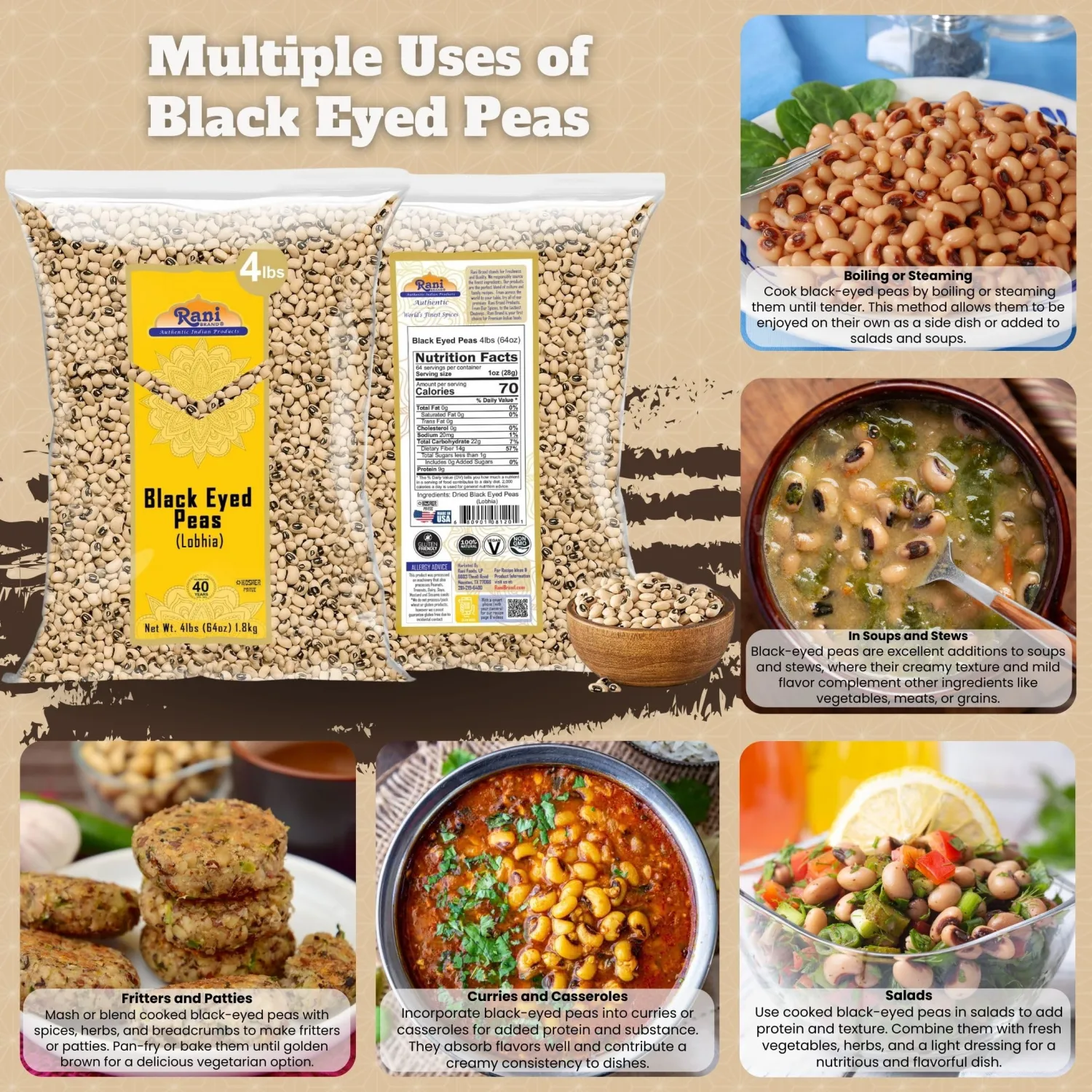 Rani Black Eyed Peas, Dried Cowpeas (Lobhia) 64oz (4lbs) 1.81kg Bulk ~ All Natural | Vegan | Kosher | Gluten Friendly | Product of USA
