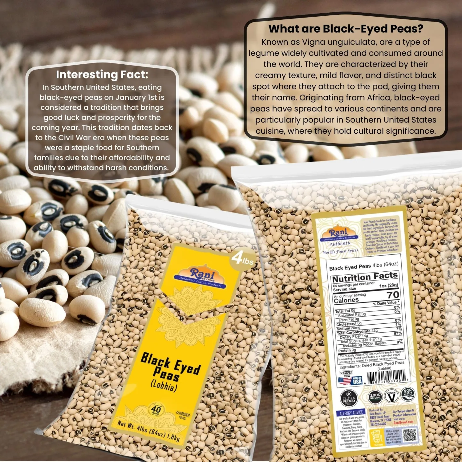 Rani Black Eyed Peas, Dried Cowpeas (Lobhia) 64oz (4lbs) 1.81kg Bulk ~ All Natural | Vegan | Kosher | Gluten Friendly | Product of USA