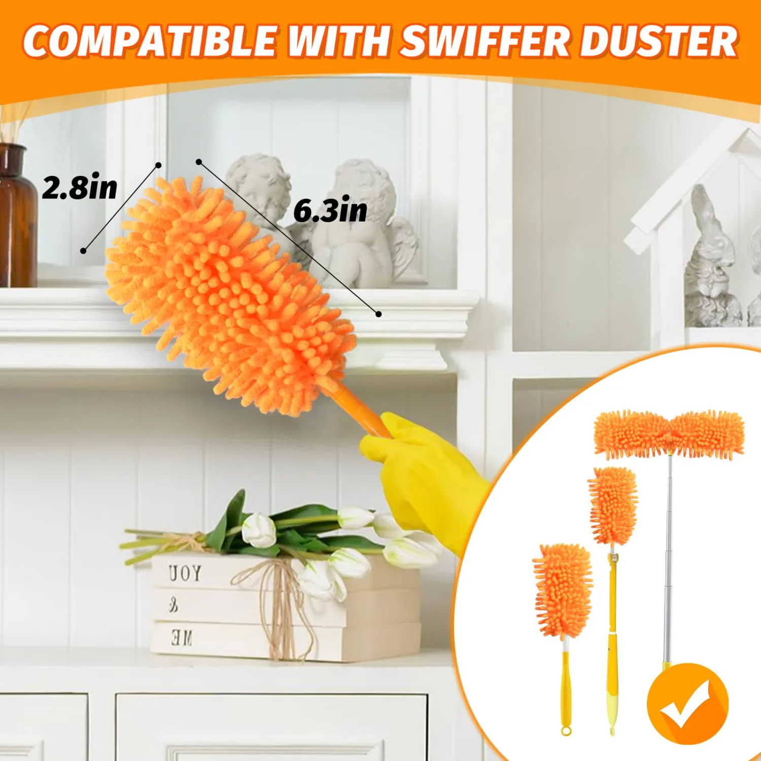 Reusable Duster Refill Compatible with Duster Handle, 360 Heavy Duty Dusters Refills, Microfiber Ceiling Fan Duster (4, Orange-Handle is Not Included)