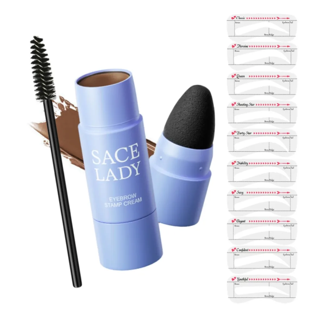 Long Lasting Eyebrow Stamp Cream Set, Waterproof Tattoo Brow Corrector with Brush and 10 Reusable Eye Stencils, Natural Eyebrow Stamp Shaping Stick, 0.07Oz (#02 Dark Brown)