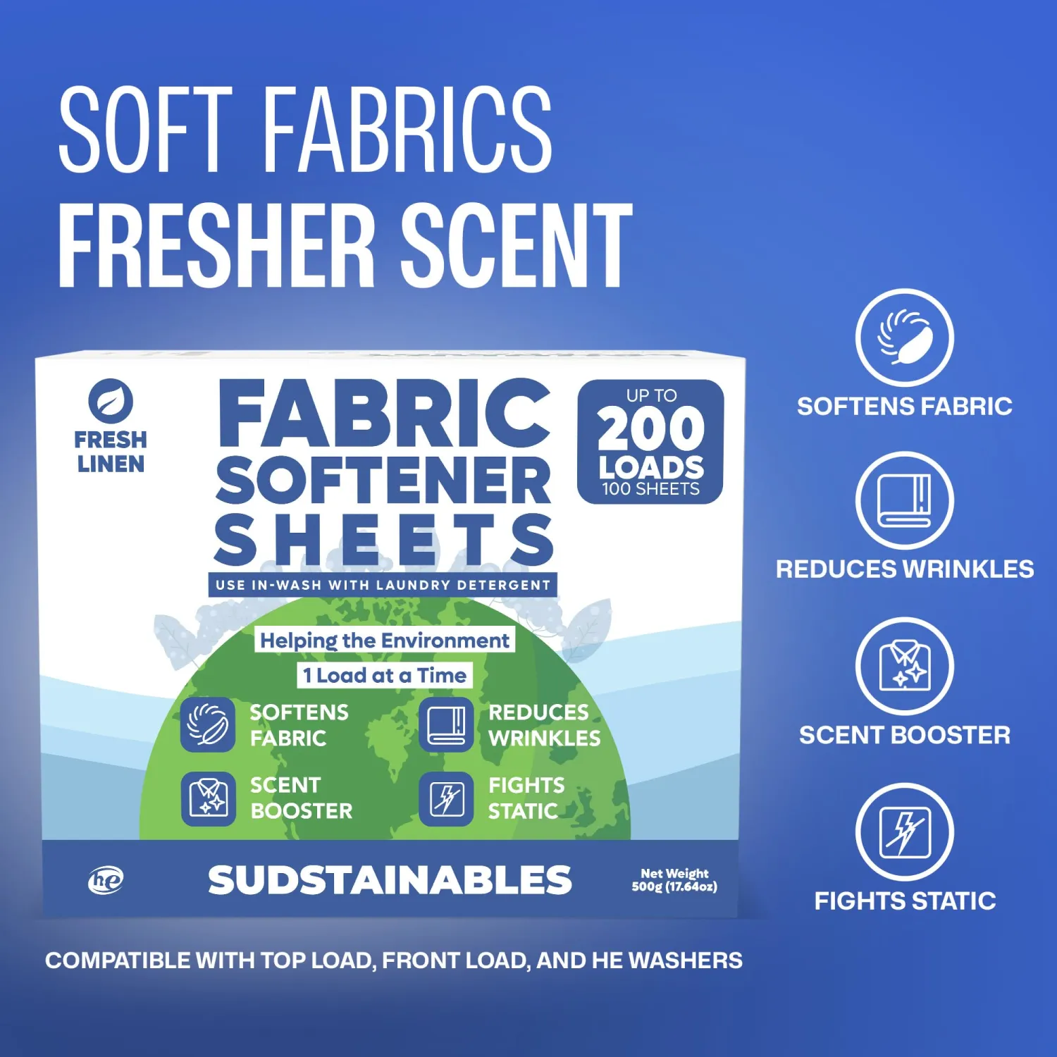 Fabric Softener Sheets for Washer – Eco-Friendly Laundry Softener Sheets for Washing Machines, Scented (200 loads)