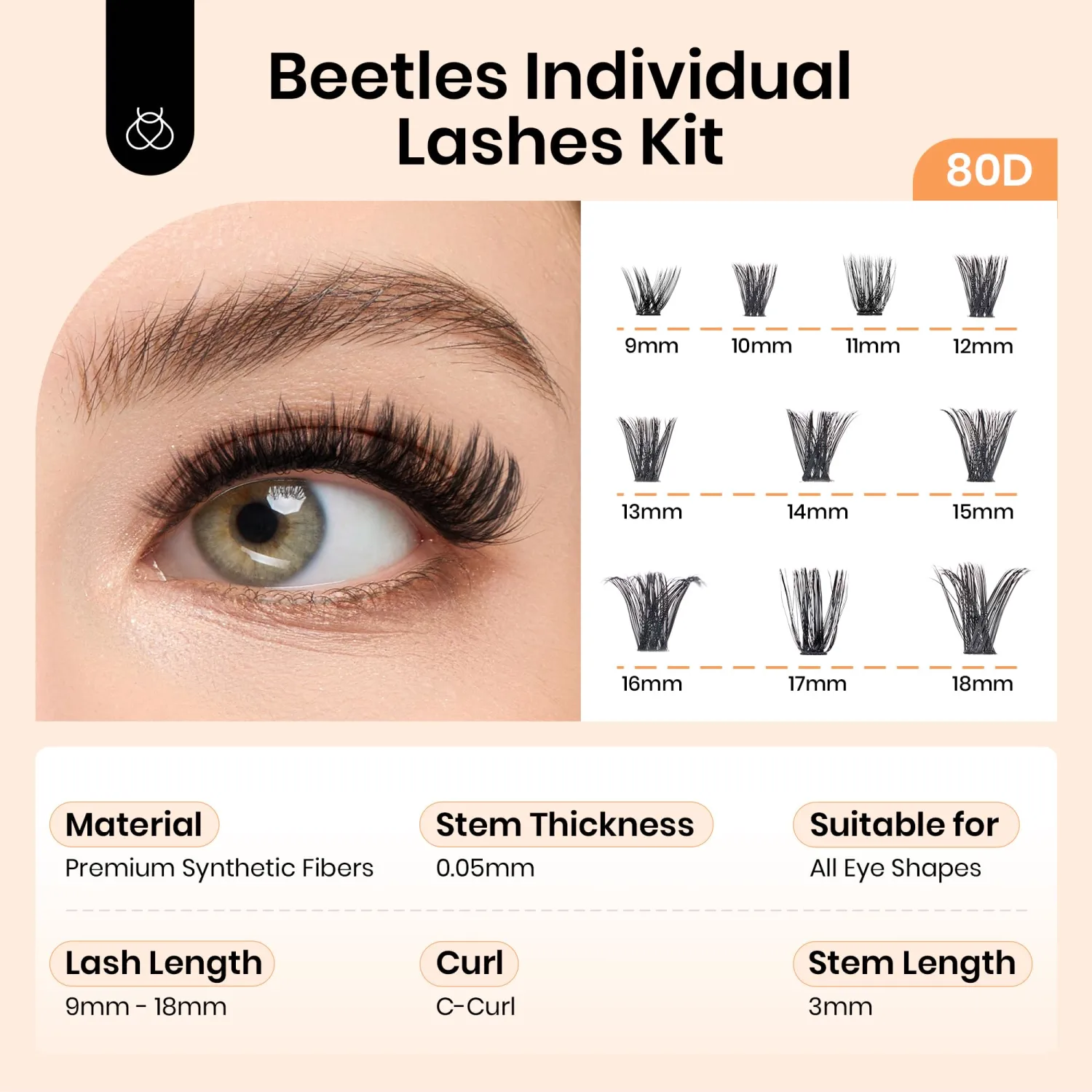 Beetles Fluffy Lash Clusters Volume 80D Eyelash Clusters 280pcs Individual Lashes 9-18mm Cluster Eyelash Extensions C Curl False Eyelashes DIY Cluster Lashes (C023, 80D, 9-18mm)