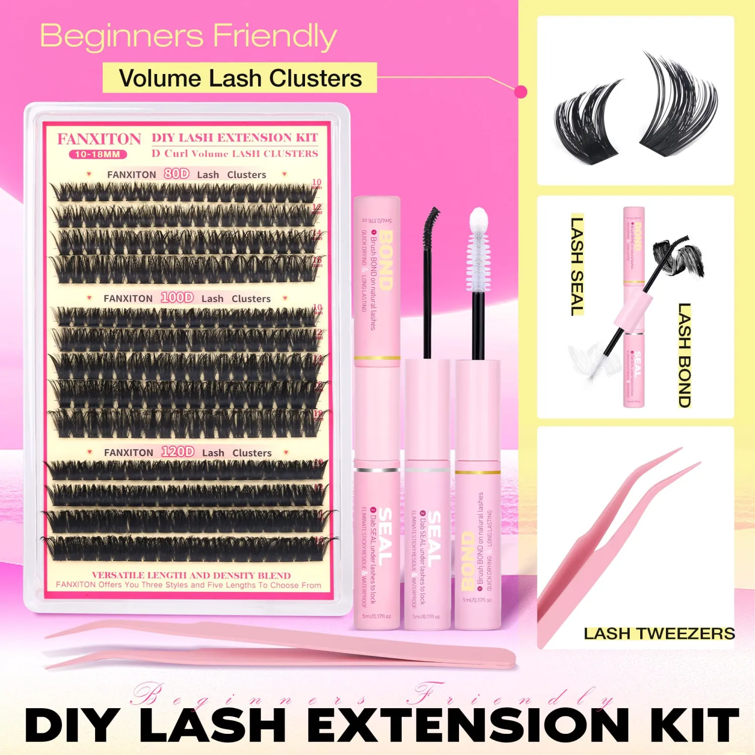 D Curl Lash Clusters Kit Thick Lash Extension Kit Volume Lash Clusters 80D+100D+120D Eyelash Clusters Kit 10-18mm Individual Lashes with Bond and Seal by FANXITON