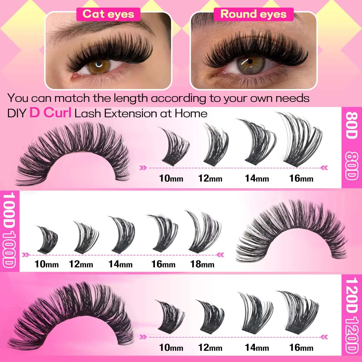 D Curl Lash Clusters Kit Thick Lash Extension Kit Volume Lash Clusters 80D+100D+120D Eyelash Clusters Kit 10-18mm Individual Lashes with Bond and Seal by FANXITON