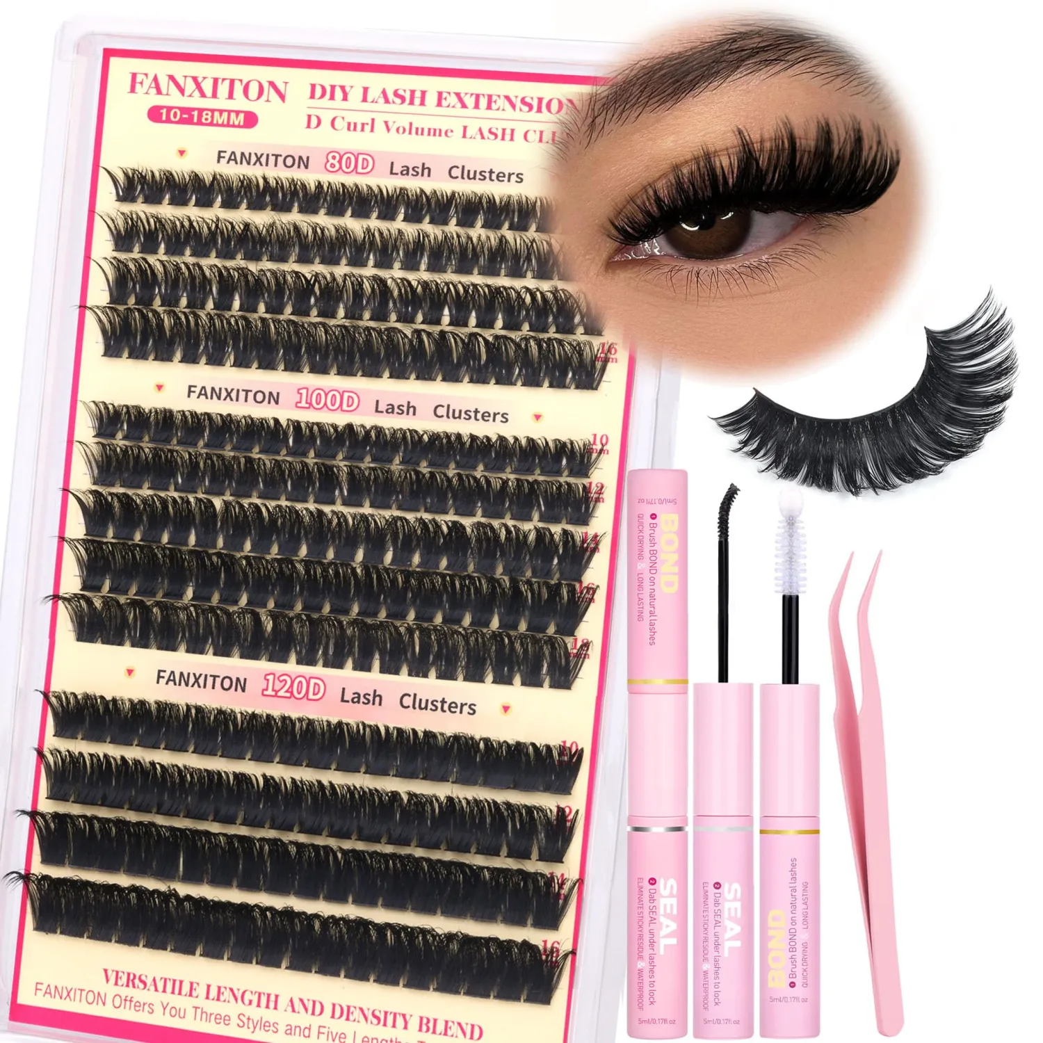 D Curl Lash Clusters Kit Thick Lash Extension Kit Volume Lash Clusters 80D+100D+120D Eyelash Clusters Kit 10-18mm Individual Lashes with Bond and Seal by FANXITON