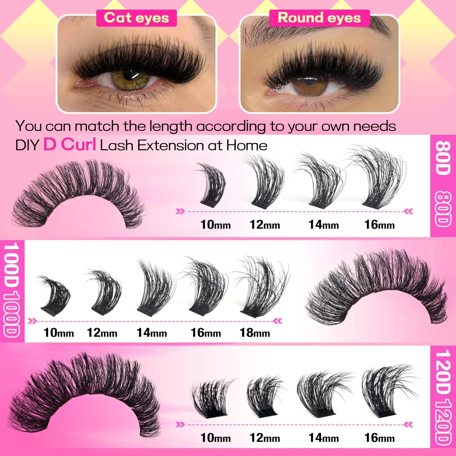 Fluffy Lash Clusters Kit Thick Lash Extension Kit D Curl Volume Lash Clusters 80D+100D+120D Eyelash Clusters Kit 10-18mm Eye Lash Clusters Wispy Individual Lashes with Bond and Seal