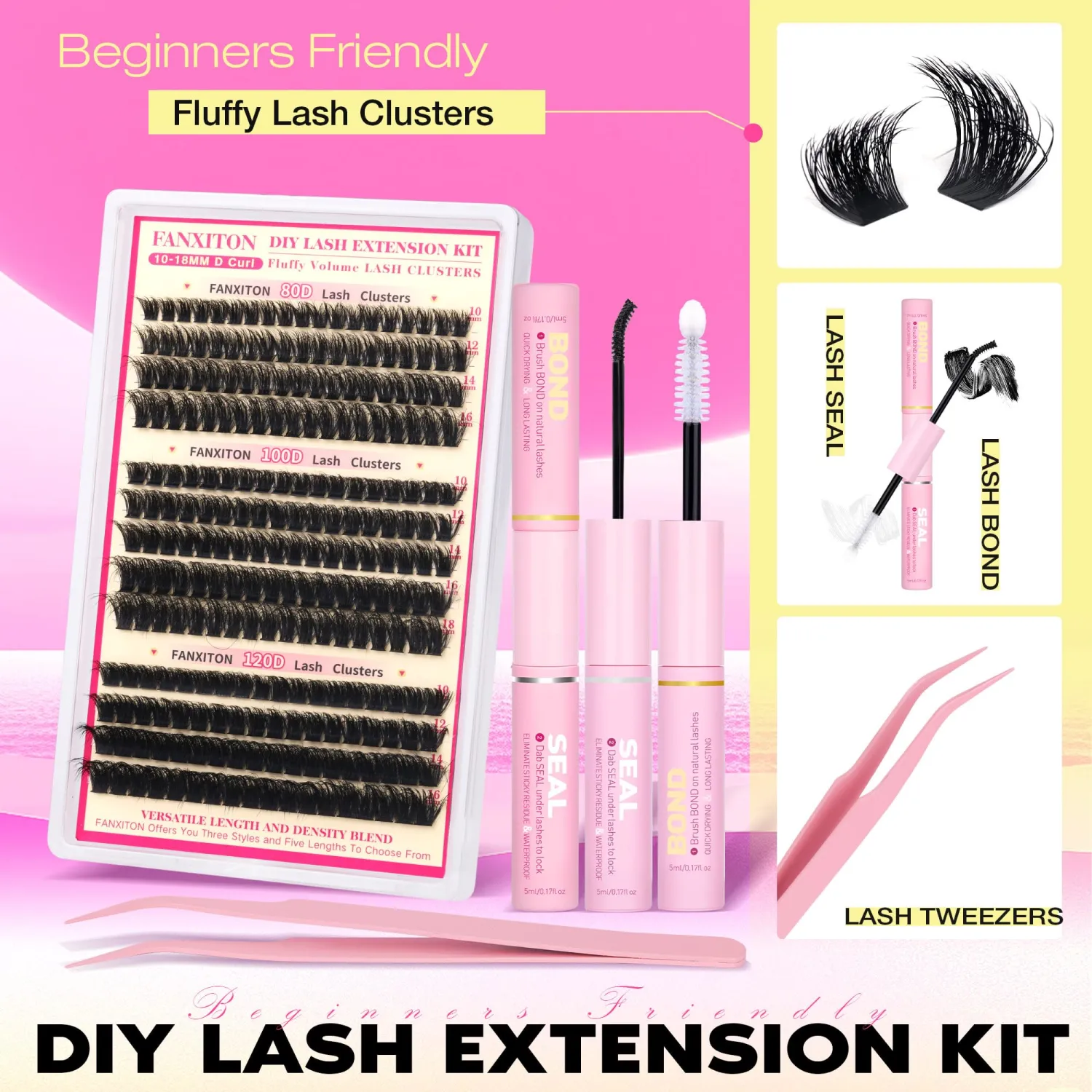 Fluffy Lash Clusters Kit Thick Lash Extension Kit D Curl Volume Lash Clusters 80D+100D+120D Eyelash Clusters Kit 10-18mm Eye Lash Clusters Wispy Individual Lashes with Bond and Seal