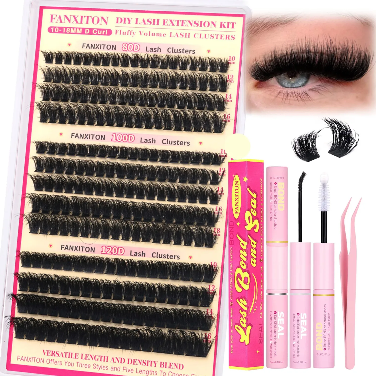 Fluffy Lash Clusters Kit Thick Lash Extension Kit D Curl Volume Lash Clusters 80D+100D+120D Eyelash Clusters Kit 10-18mm Eye Lash Clusters Wispy Individual Lashes with Bond and Seal