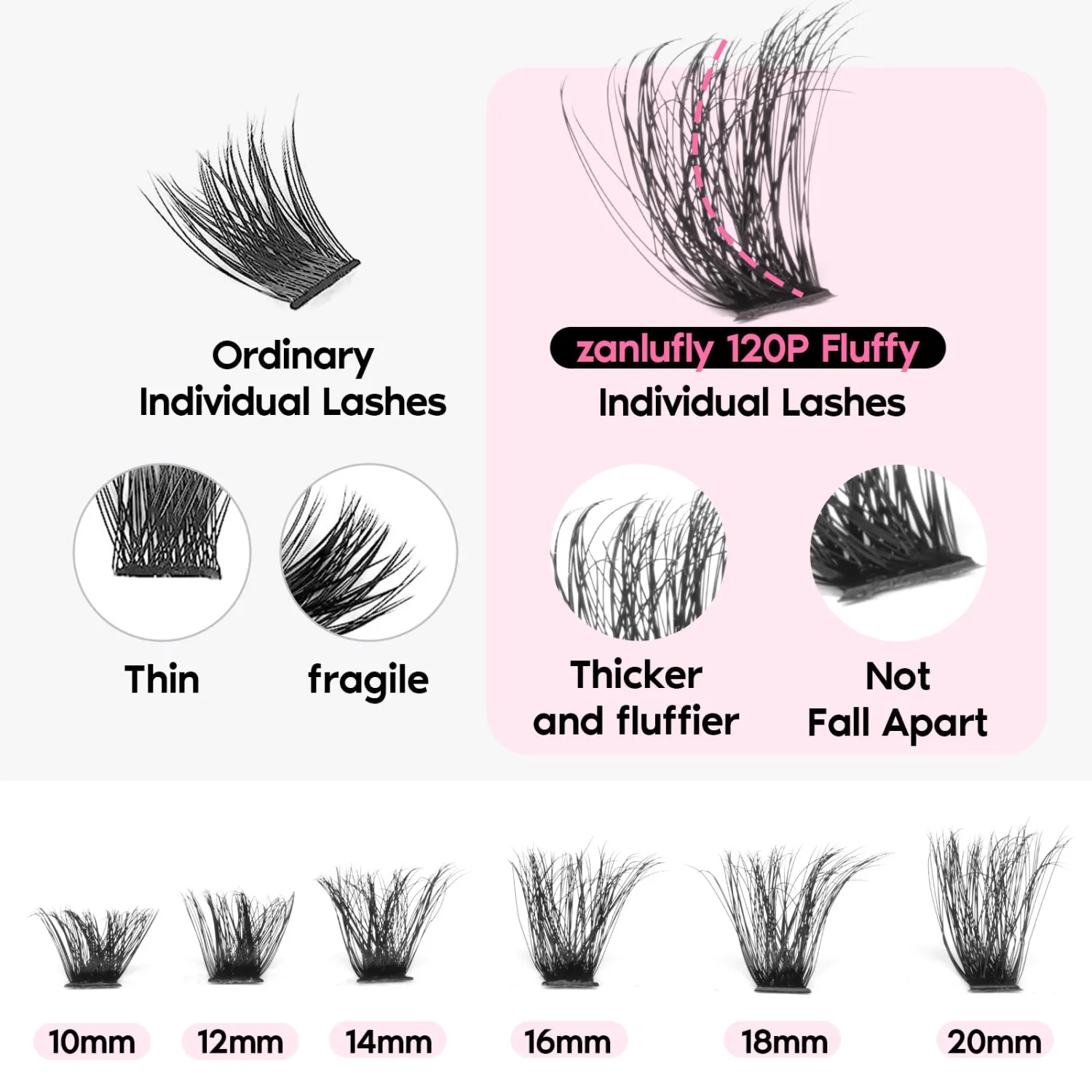 Fluffy Lashes Extension Kit 20MM Mink Lashes Clusters 120D Thick Individual Lashes with Lash Bond and Seal and Applicator Thick Eyelashes Extension Kit by zanlufly