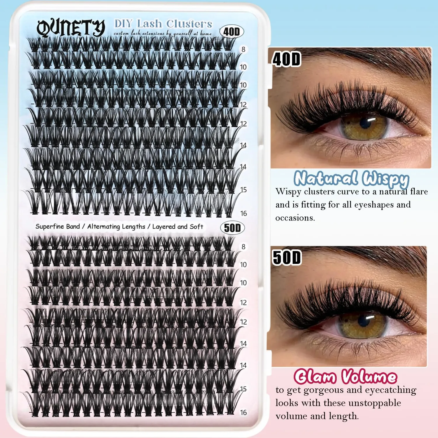 Lash Clusters Kit 360 Clusters Lash Extension Kit 40D+50D DIY Eyelash Extensions Kits C curl Individual Wispy Lashes Cluster Natural Eye Lash Extension Trays with Glue&Tweezers for Beginners