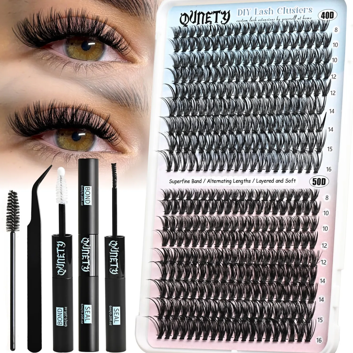Lash Clusters Kit 360 Clusters Lash Extension Kit 40D+50D DIY Eyelash Extensions Kits C curl Individual Wispy Lashes Cluster Natural Eye Lash Extension Trays with Glue&Tweezers for Beginners