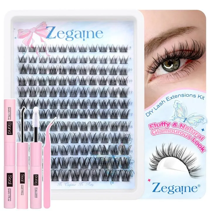 Zegaine Natural Lash Clusters Kit Wispy Eyelash Extensions Kit Cat Eye Lash Extensions C Curl Wispy Individual Lashes Natural Look DIY Lash Clsuetrs Kit with Lash Bond & Seal, Tweezers 10-16MM 132Pcs
