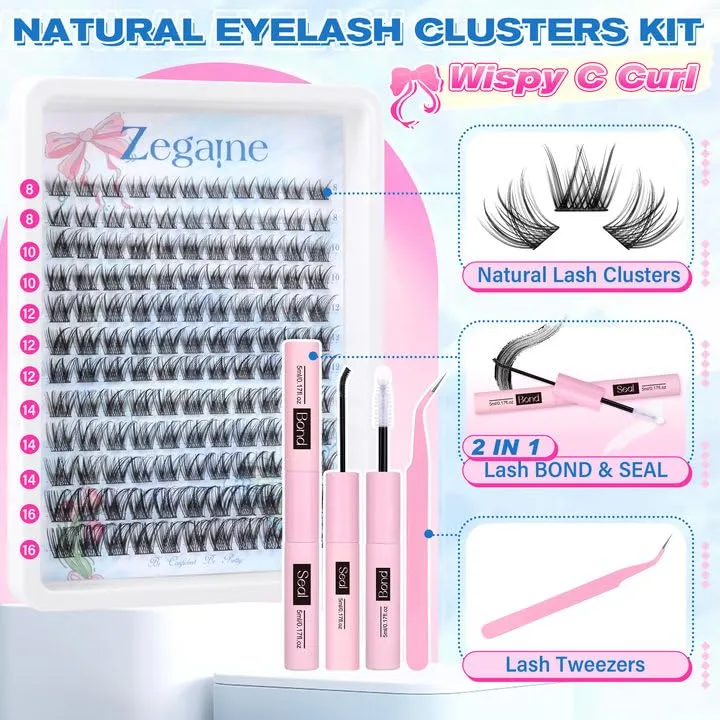 Zegaine Natural Lash Clusters Kit Wispy Eyelash Extensions Kit Cat Eye Lash Extensions C Curl Wispy Individual Lashes Natural Look DIY Lash Clsuetrs Kit with Lash Bond & Seal, Tweezers 10-16MM 132Pcs