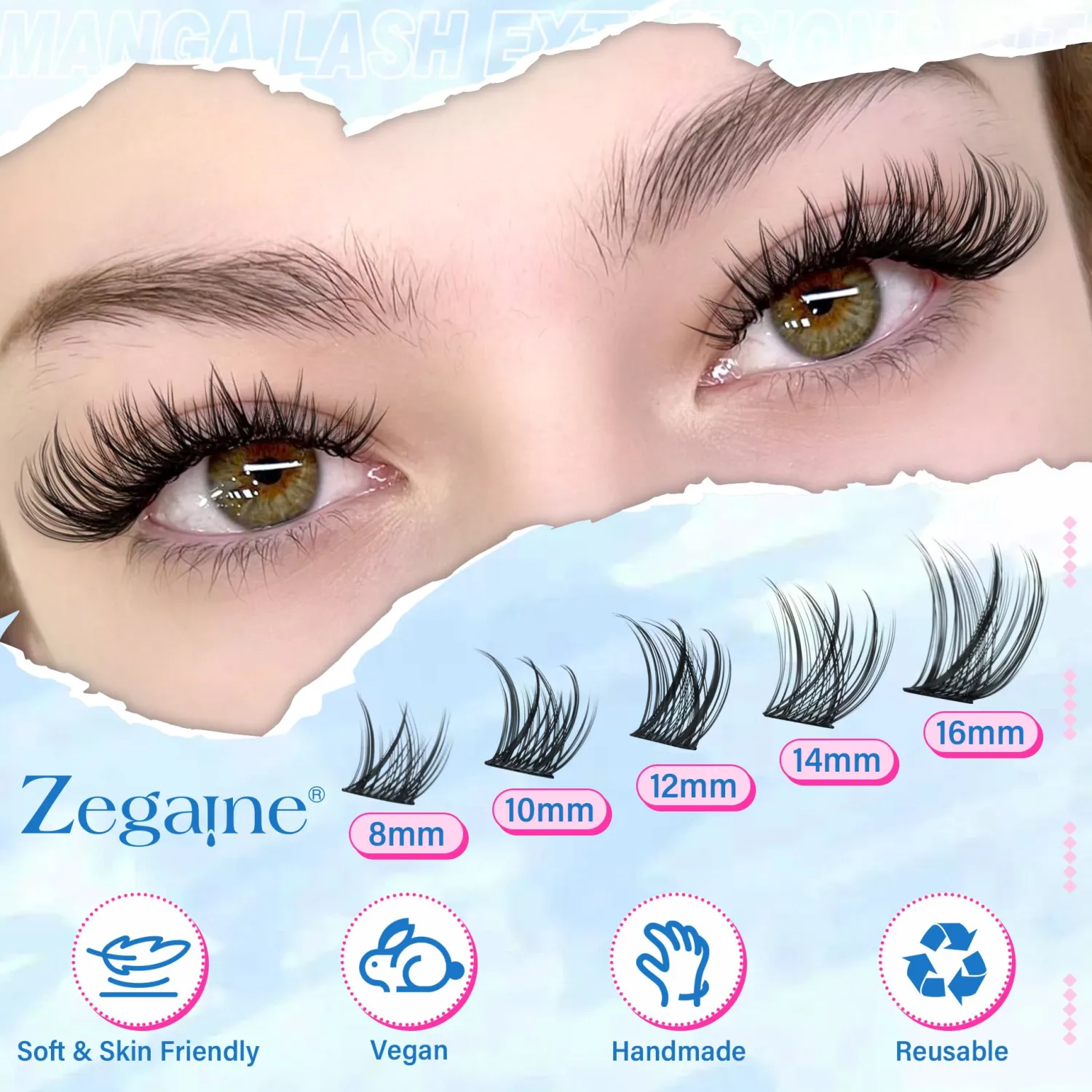 Zegaine Natural Lash Clusters Kit Wispy Eyelash Extensions Kit Cat Eye Lash Extensions C Curl Wispy Individual Lashes Natural Look DIY Lash Clsuetrs Kit with Lash Bond & Seal, Tweezers 10-16MM 132Pcs