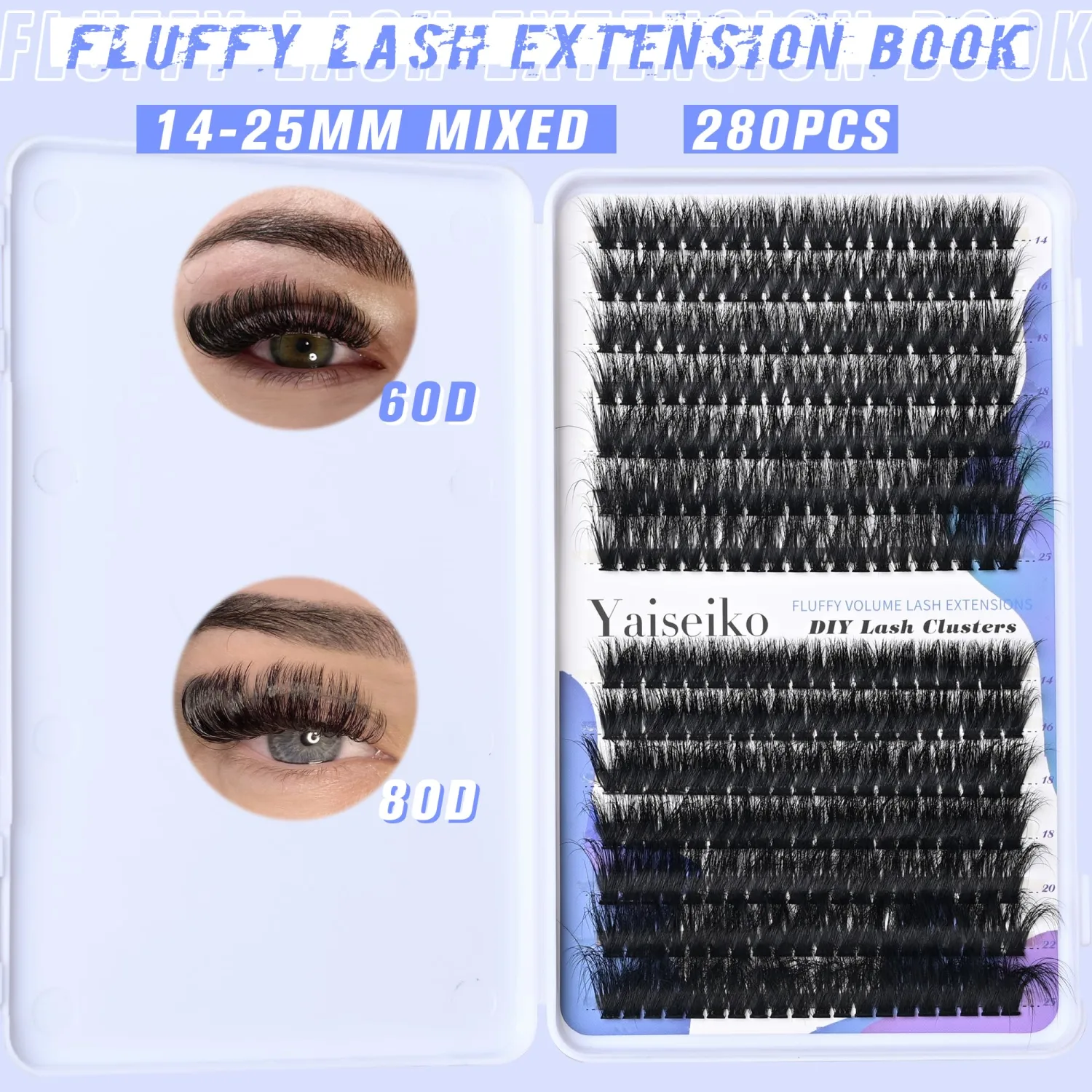 Fluffy Lash Cluster Eyelash Extensions 14-25mm Thick Lash Clusters 60D+80D D Curl Wispy Individual Lashes 280pcs False Eyelashes DIY Plant Fibers Lash Extension, by Yaiseiko