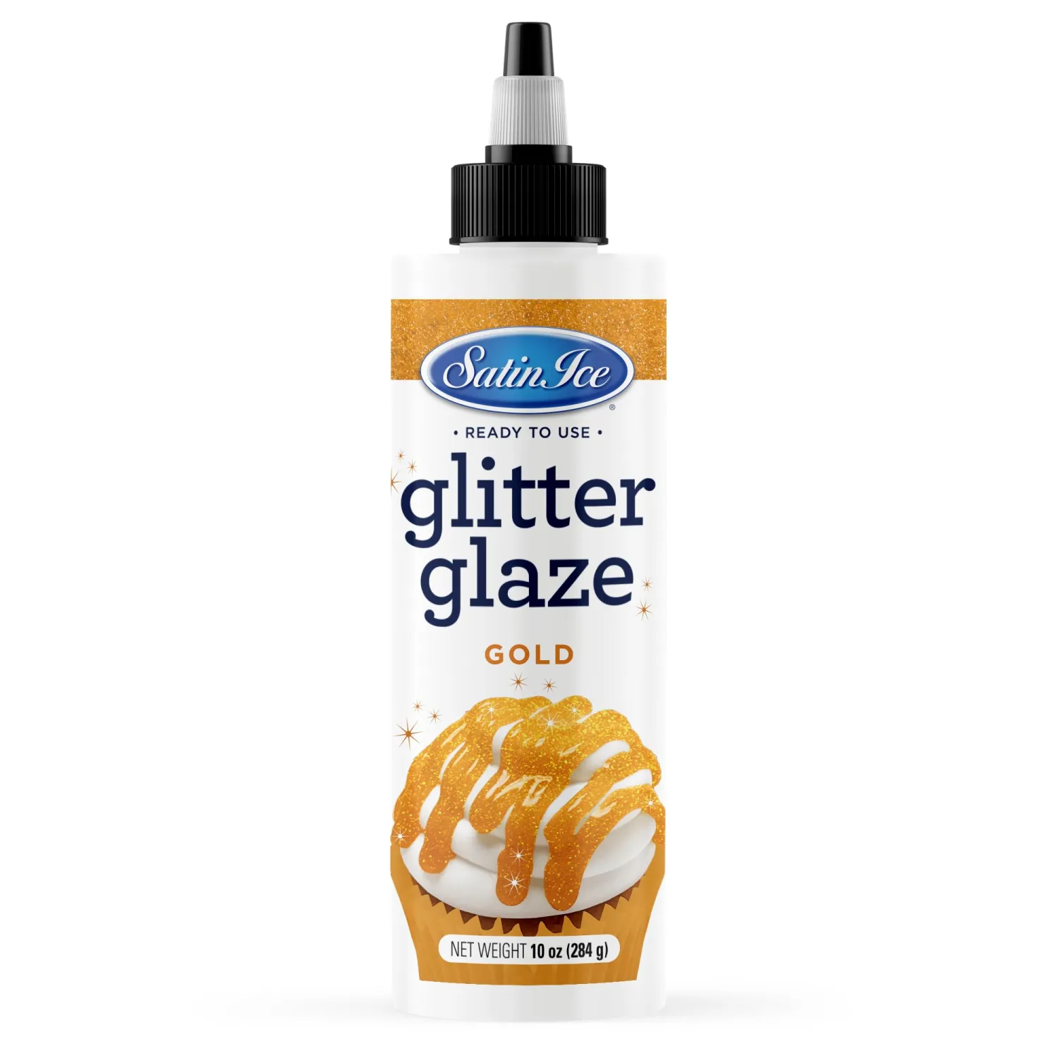 Satin Ice Gold Glitter Glaze (10oz Bottle) For Decorating Cakes, Cupcakes, Brownies, and Doughnuts